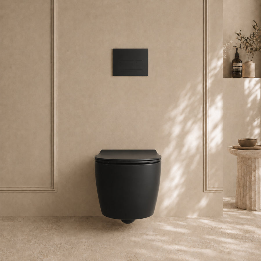 Onia Wall Hung Black Toilet Set - with Concealed Frame, Cistern and Black Flush Plate