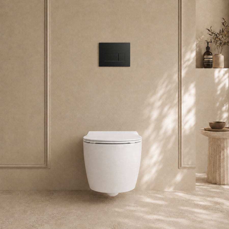 Onia Wall Hung White Toilet Set - with Concealed Frame, Cistern and Black Flush Plate