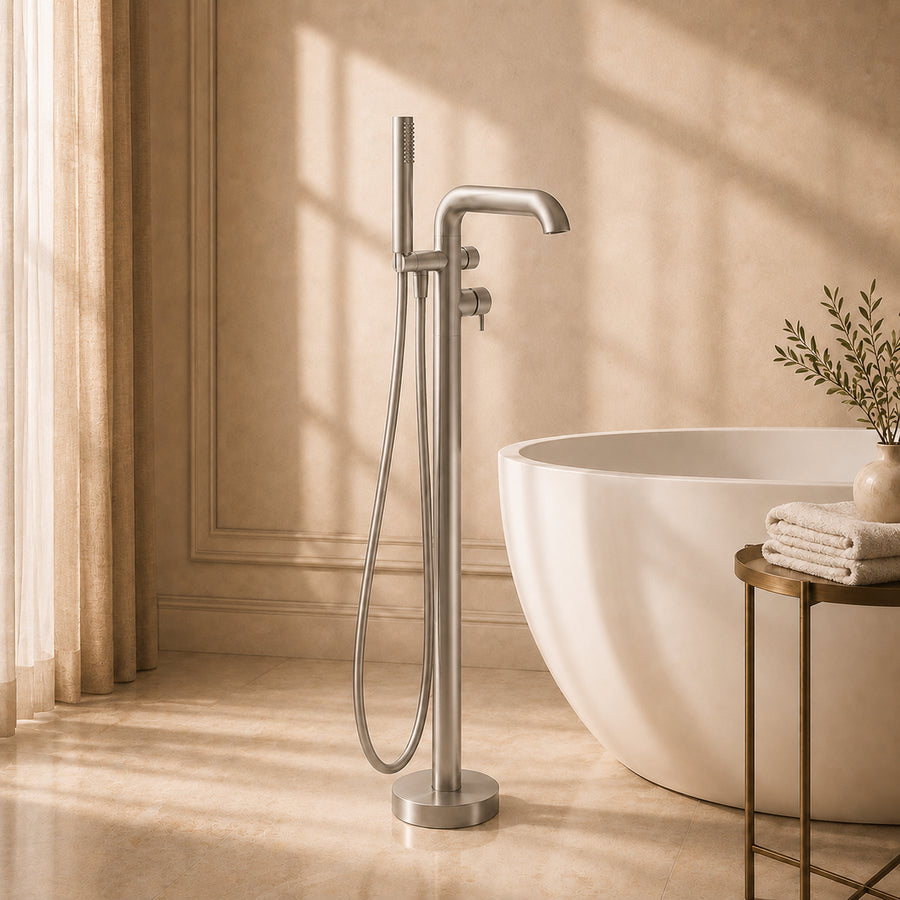 Lia Freestanding Bath Mixer with Shower Set - Brushed Steel