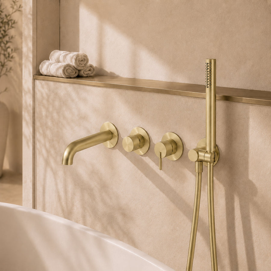Lia Wall Mounted Bath Mixer with Shower Set - Brushed Gold