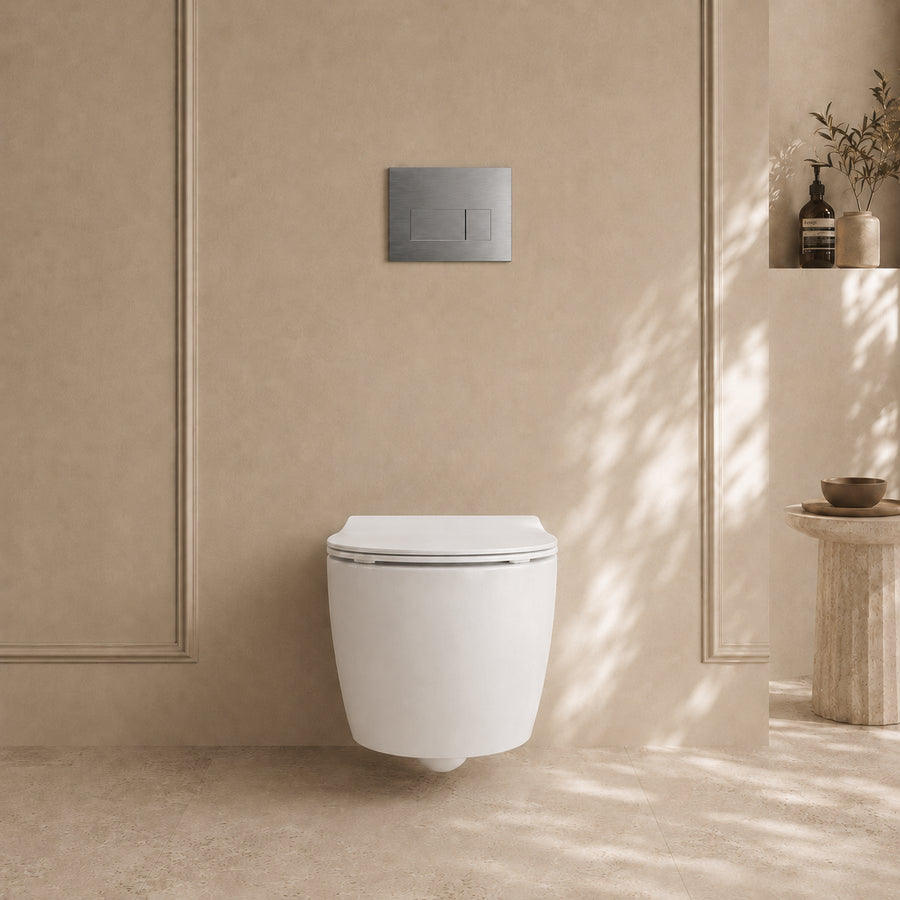 Onia Wall Hung White Toilet Set - with Concealed Frame, Cistern and Titanium Flush Plate
