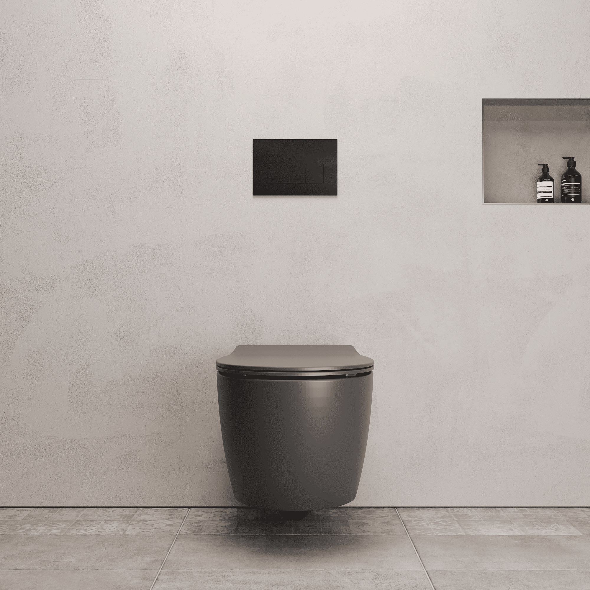 Onia Wall Hung Grey Toilet Set - with Concealed Frame, Cistern and Black Flush Plate