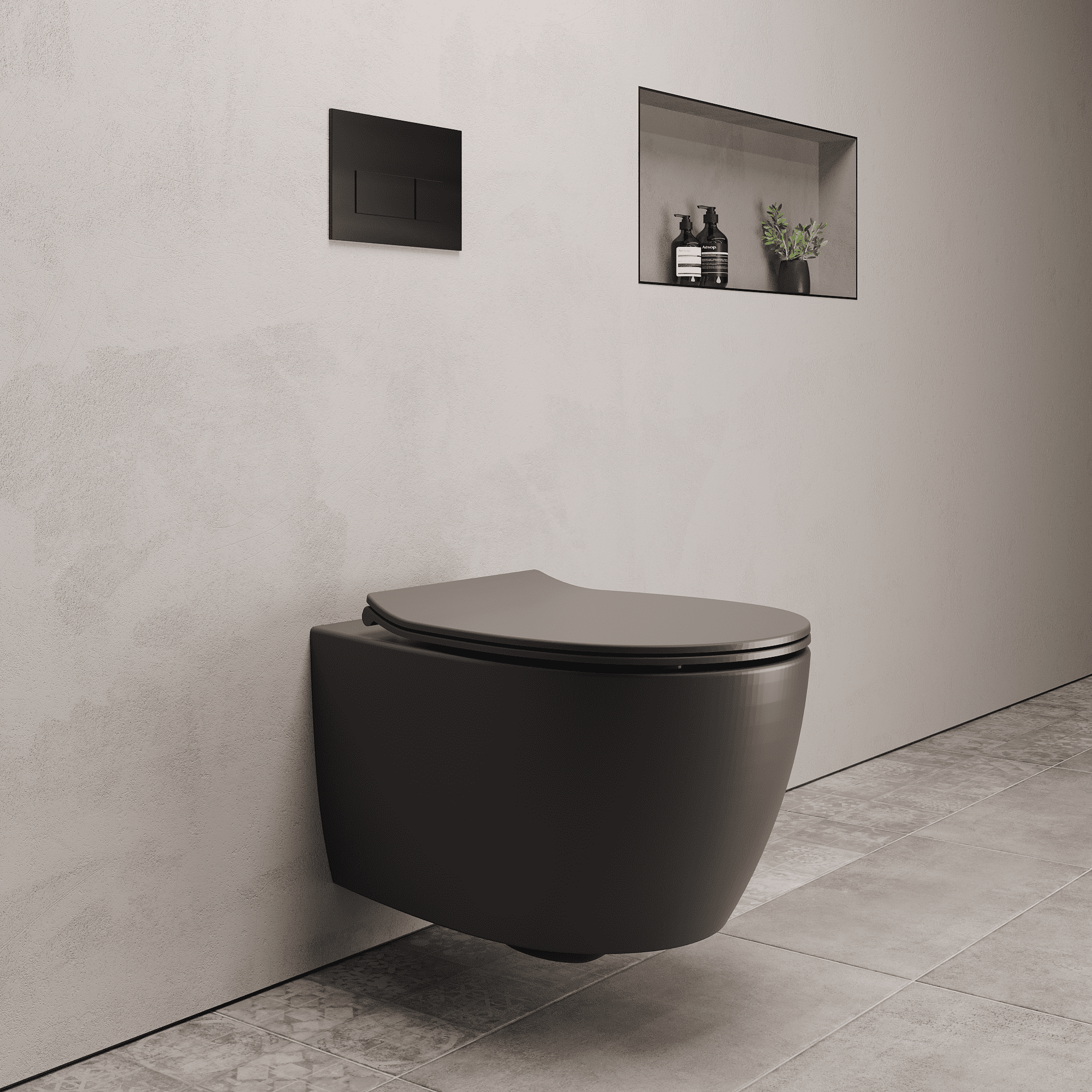 Onia Wall Hung Grey Toilet Set - with Concealed Frame, Cistern and Black Flush Plate