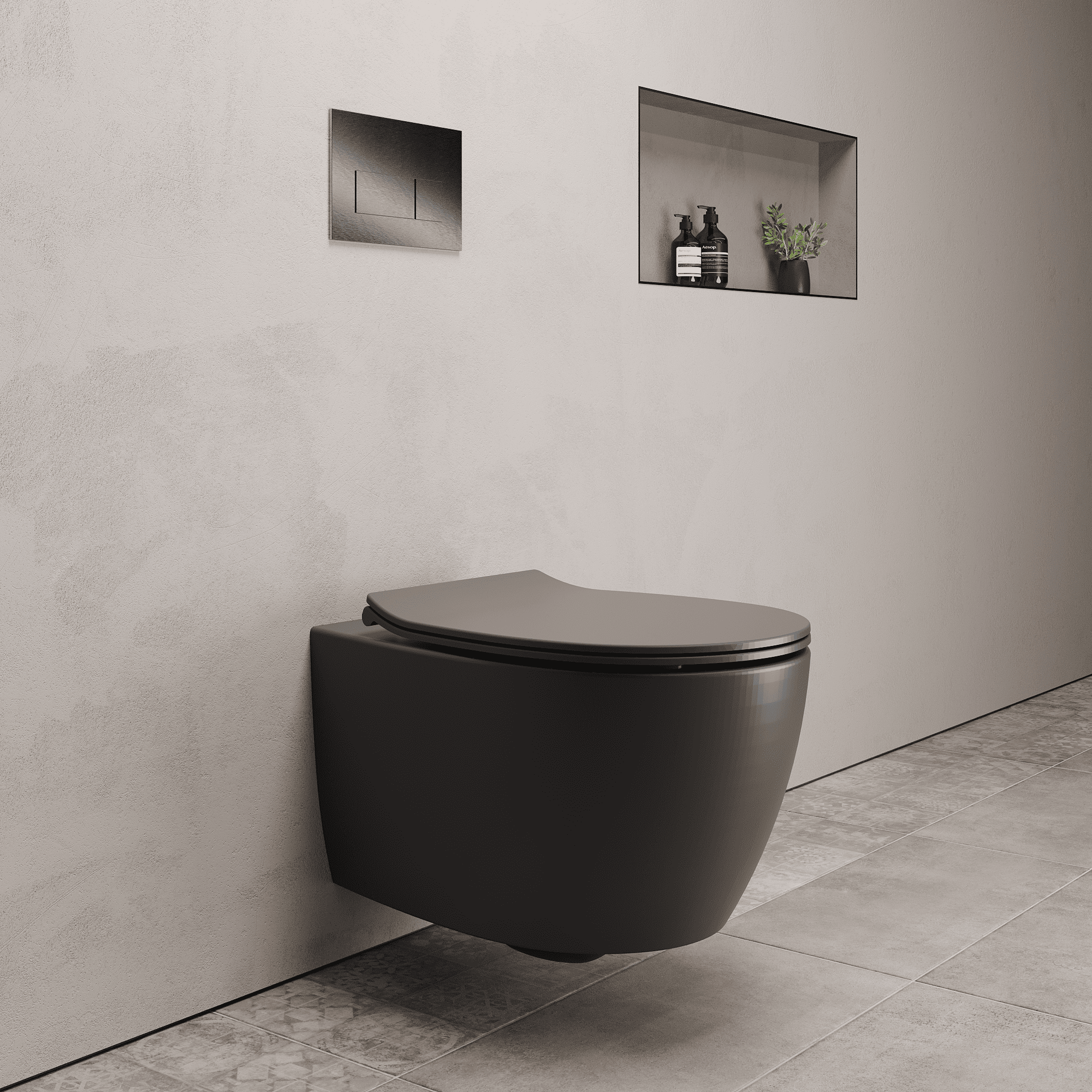 Onia Wall Hung Grey Toilet Set - with Concealed Frame, Cistern and Titanium Flush Plate