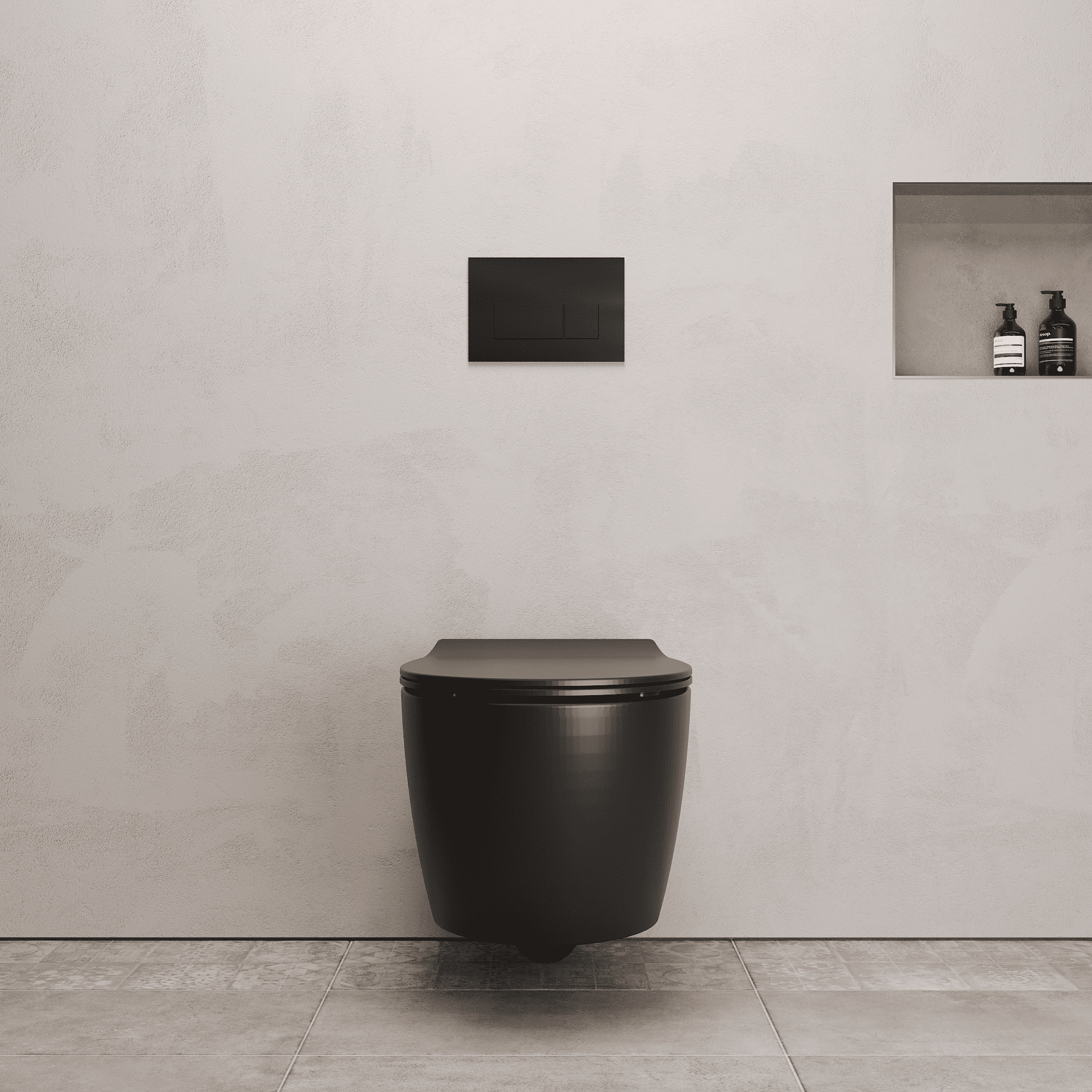 Onia Wall Hung Black Toilet Set - with Concealed Frame, Cistern and Black Flush Plate