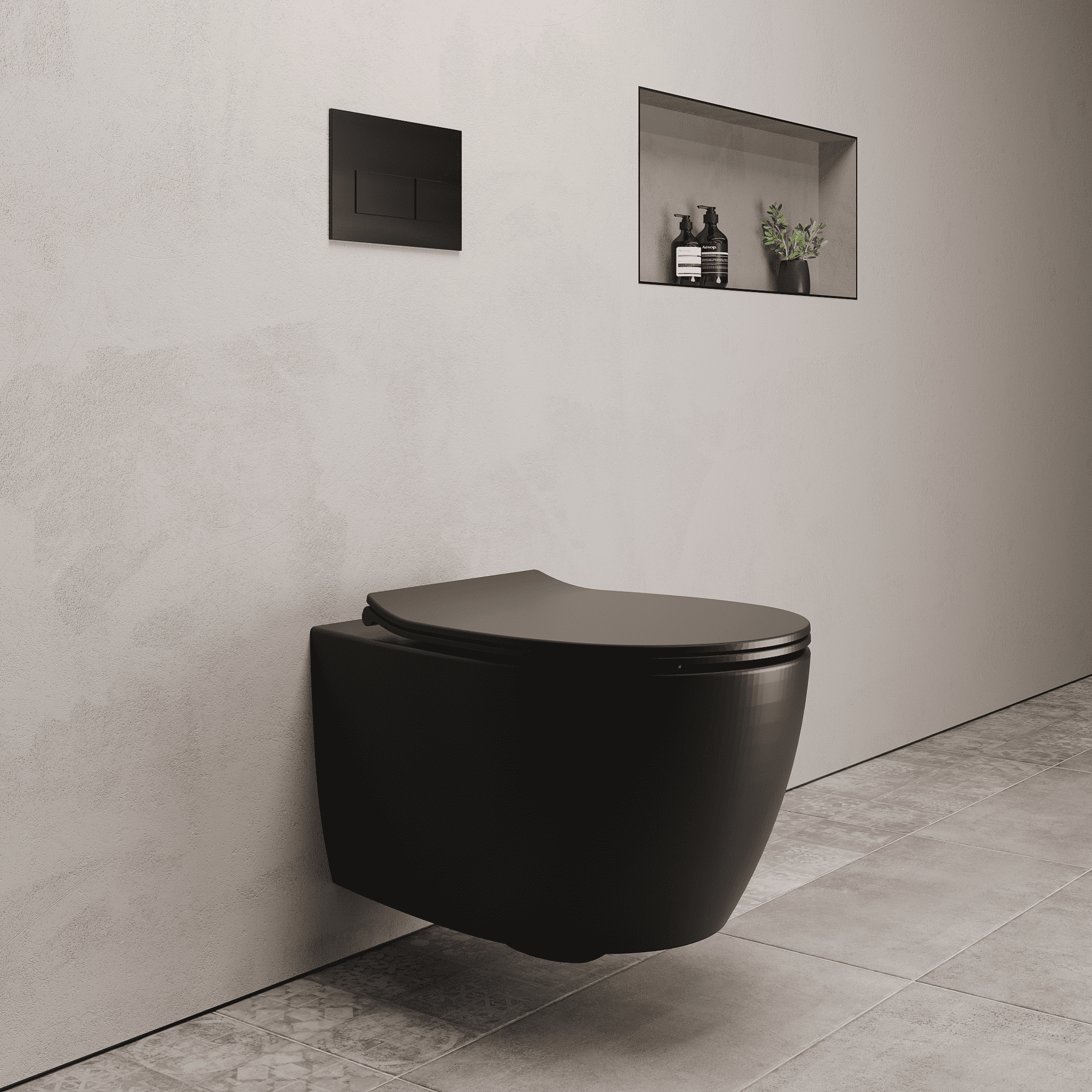 Onia Wall Hung Black Toilet Set - with Concealed Frame, Cistern and Black Flush Plate