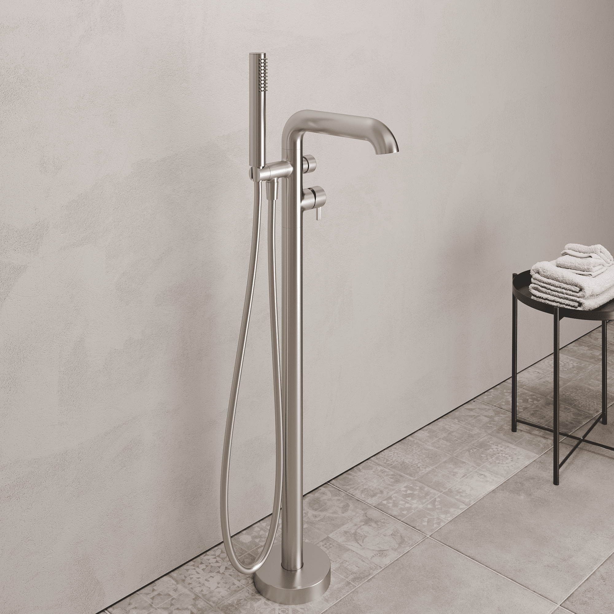 Lia Freestanding Bath Mixer with Shower Set - Brushed Steel