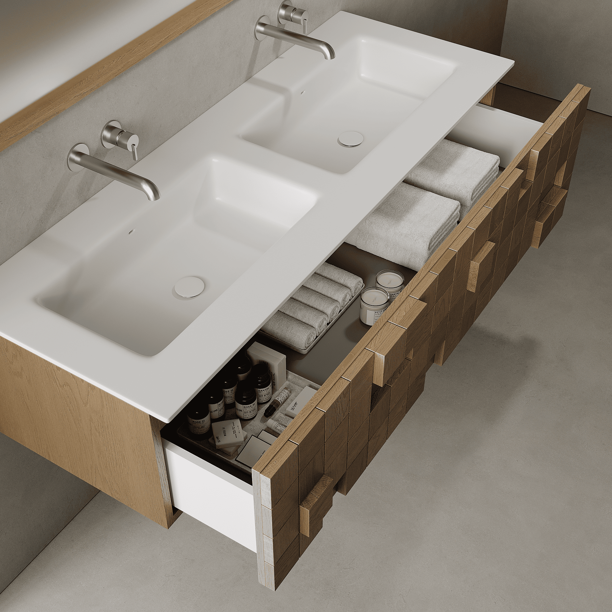 Arednt Real Oak 1410mm Vanity Unit - Single Drawer with Double Basin