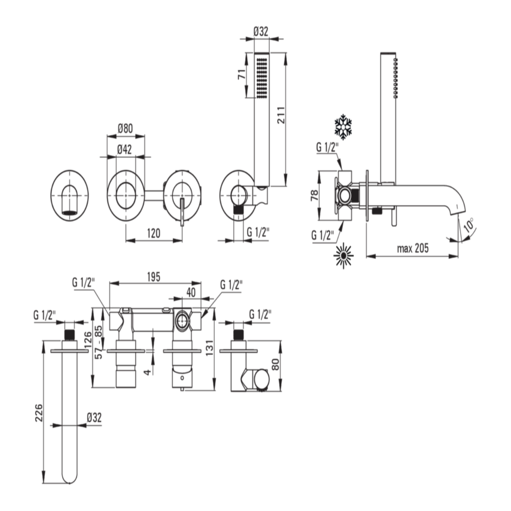 Lia Wall Mounted Bath Mixer with Shower Set - Titanium