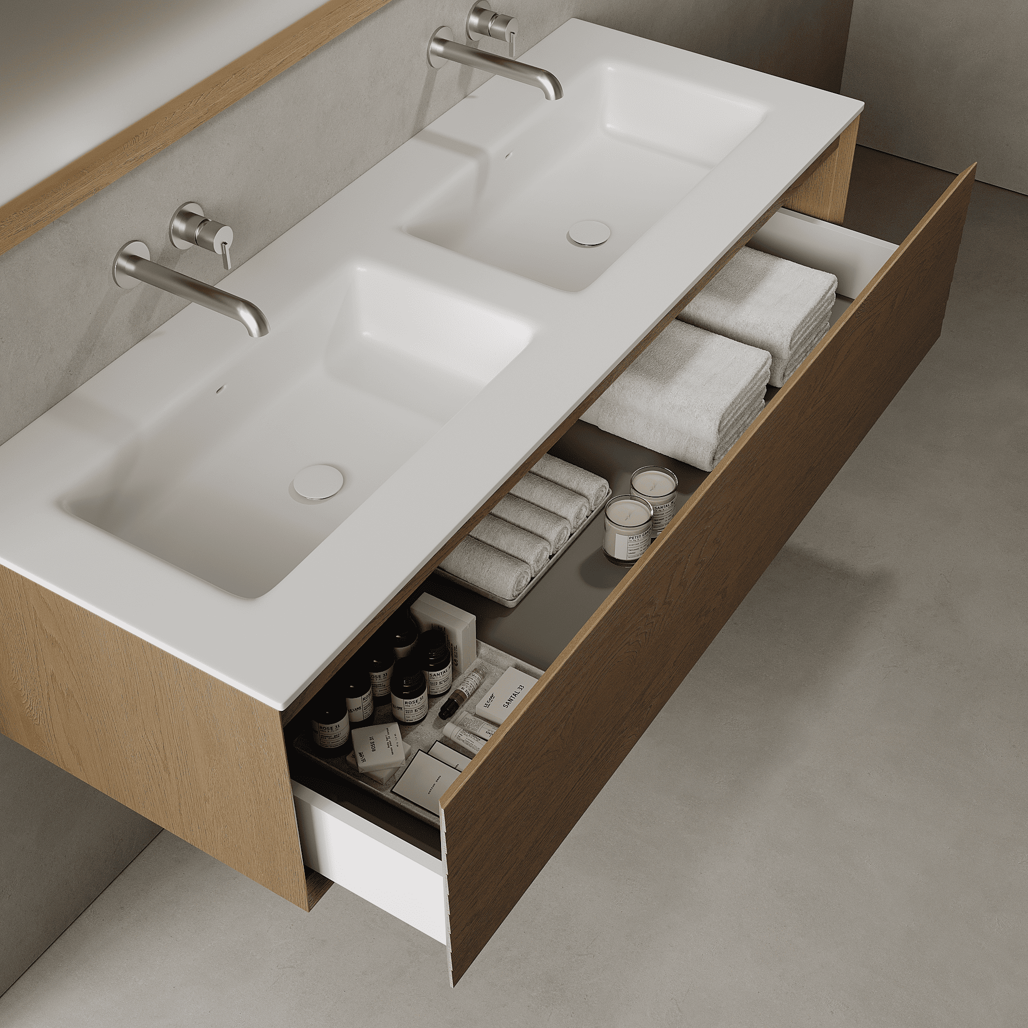 Nordale Real Oak 1400mm Vanity Unit - Single Drawer with Double Basin