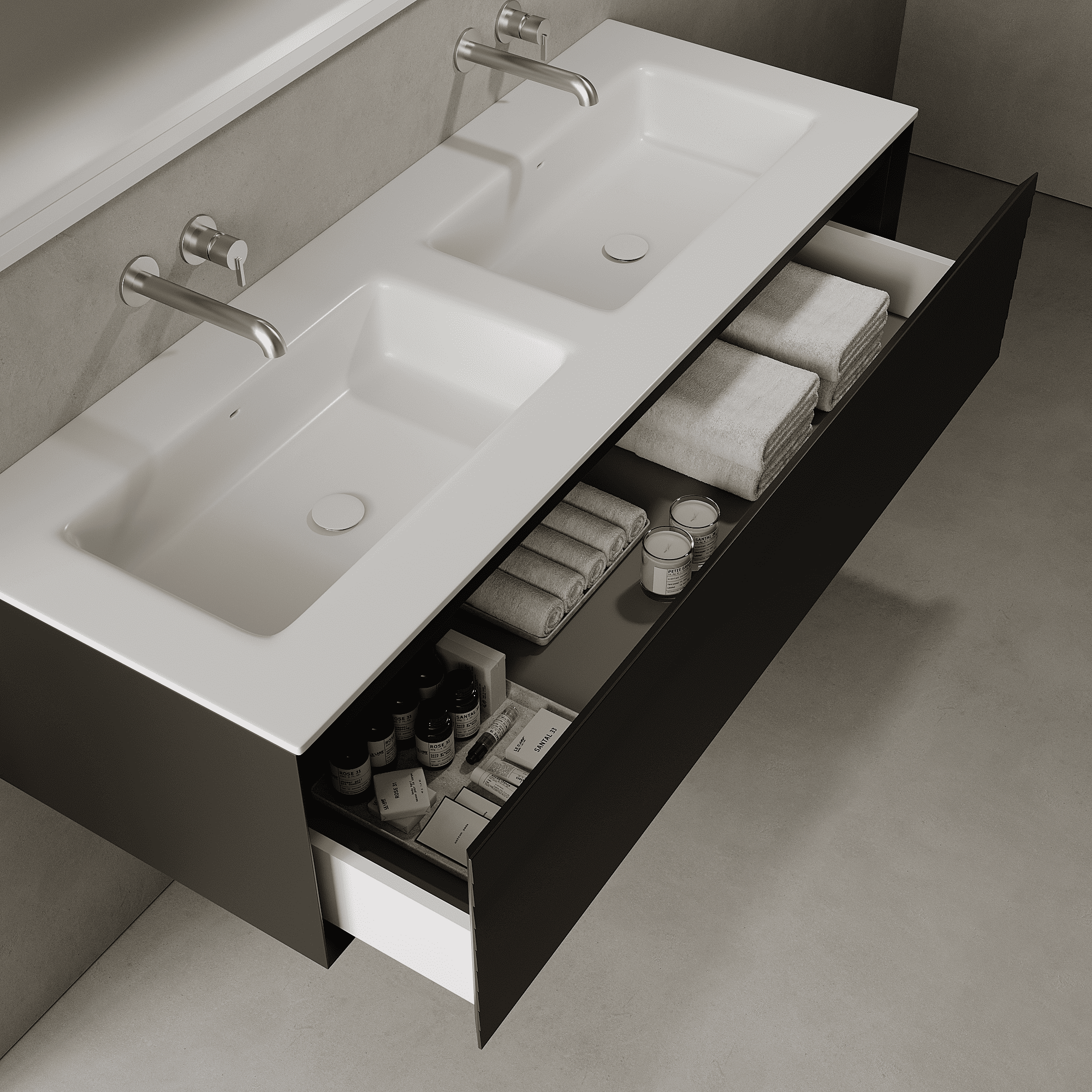 Nordale Silk Black 1400mm Vanity Unit - Single Drawer with Double Basin