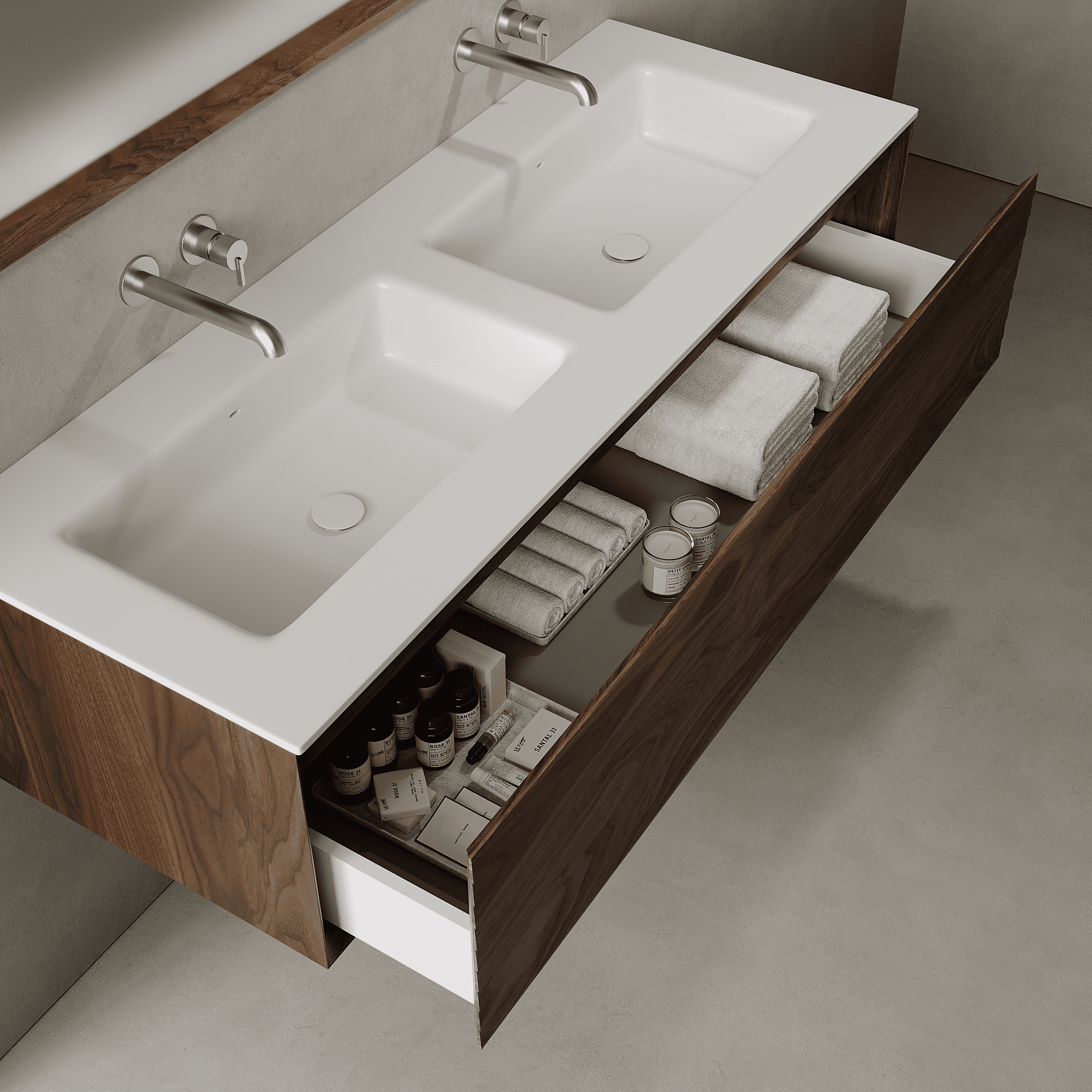 Nordale Real Walnut 1400mm Vanity Unit - Single Drawer with Double Basin