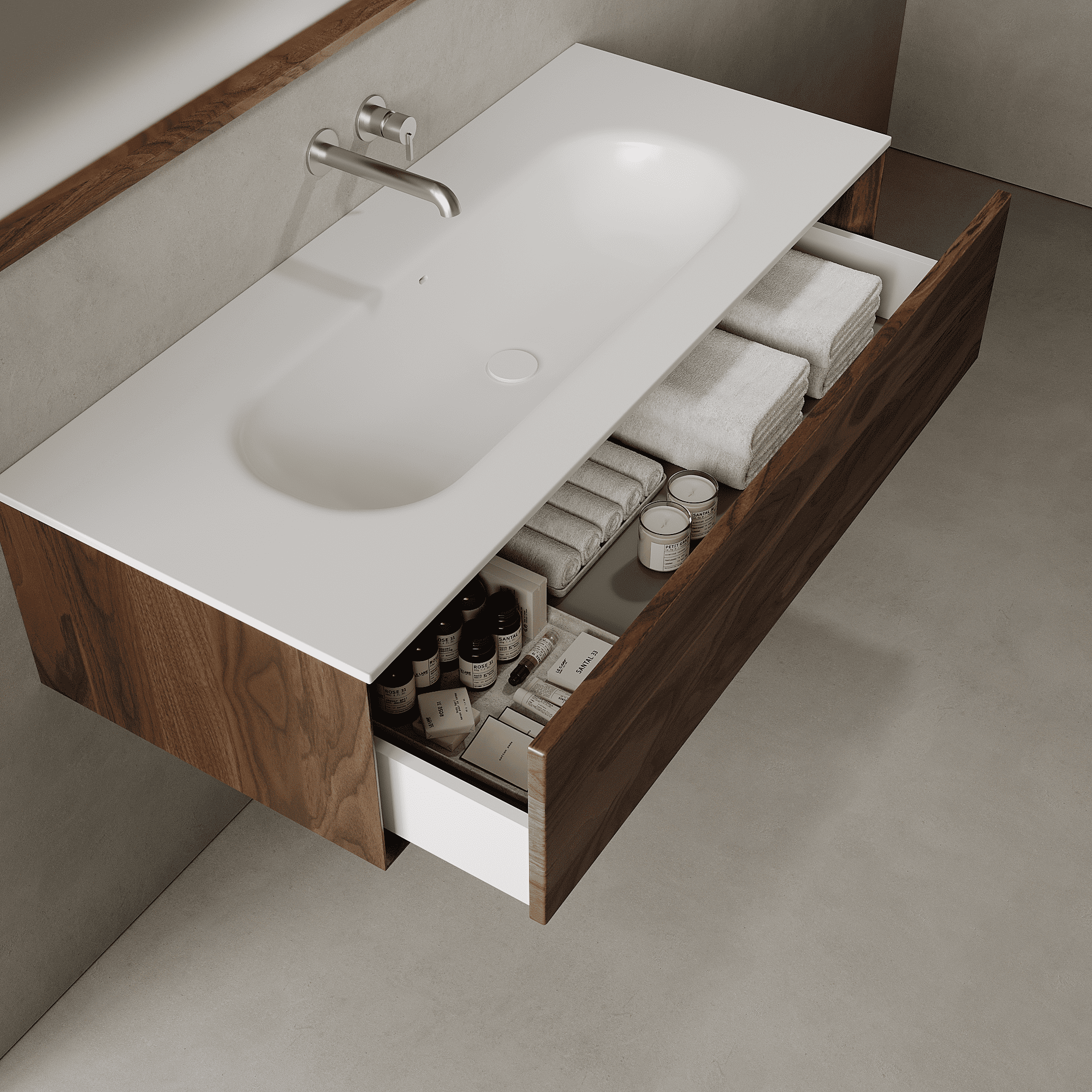 Valmere Real Walnut 1200mm Vanity Unit - Single Drawer with Large Single Basin