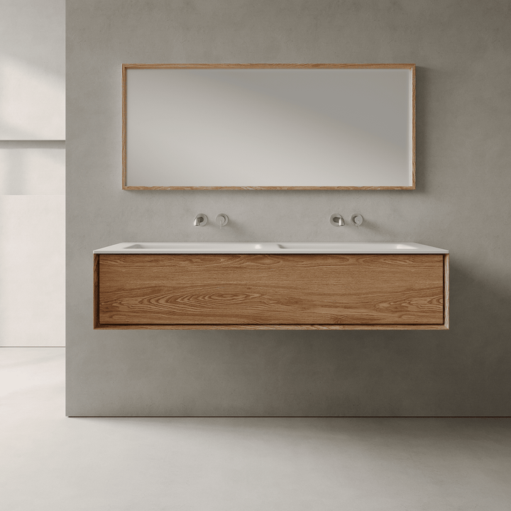 Valmere Honey Wood 1400mm Vanity Unit - Single Drawer with Double Basin