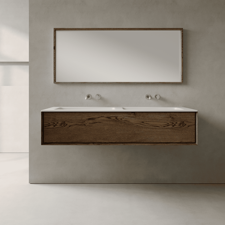 Valmere Smoked Wood 1400mm Vanity Unit - Single Drawer with Double Basin