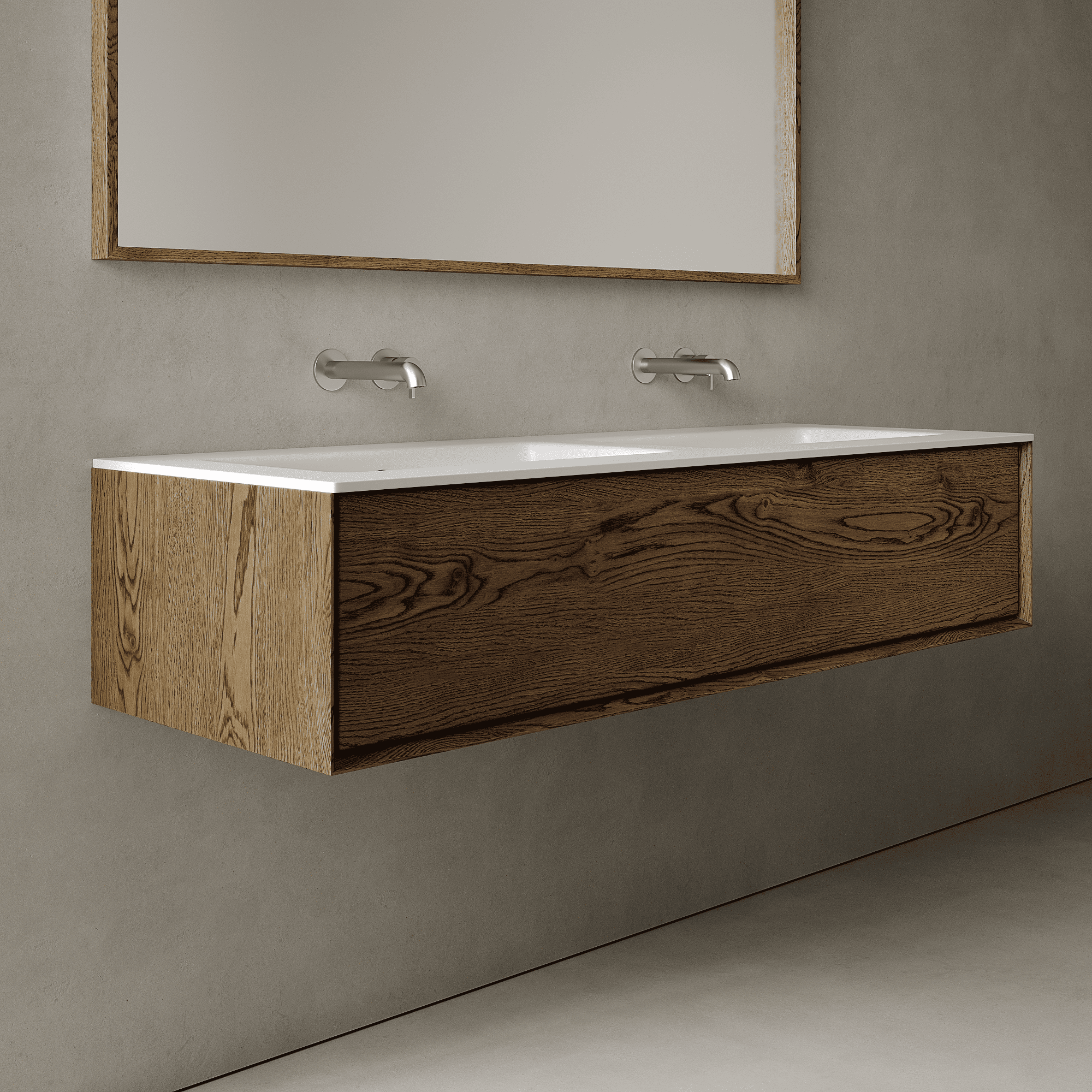 Valmere Smoked Wood 1400mm Vanity Unit - Single Drawer with Double Basin