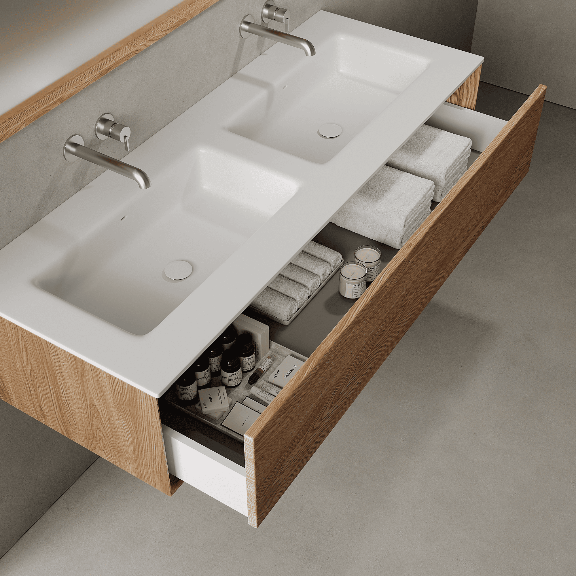 Valmere Honey Wood 1400mm Vanity Unit - Single Drawer with Double Basin