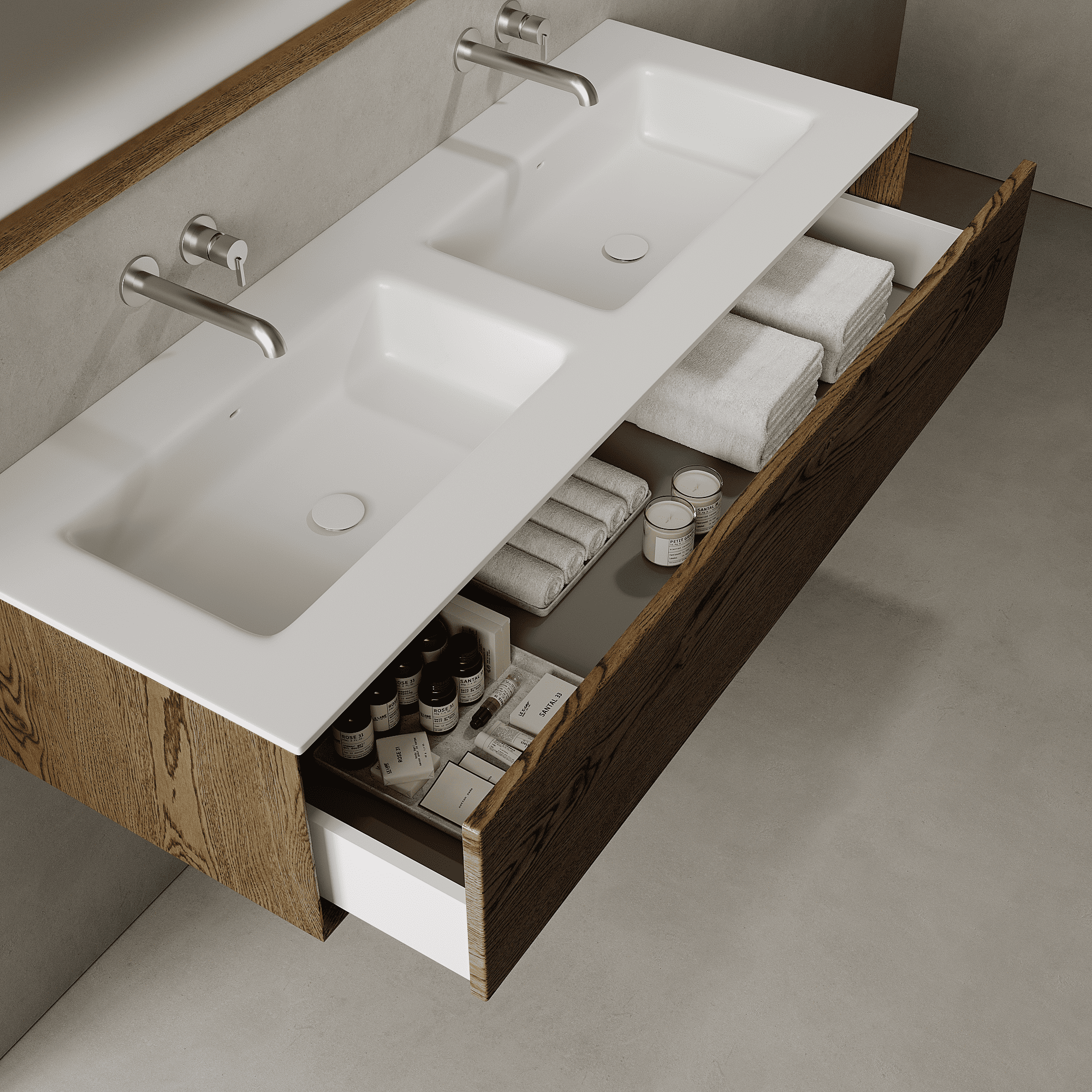 Valmere Smoked Wood 1400mm Vanity Unit - Single Drawer with Double Basin