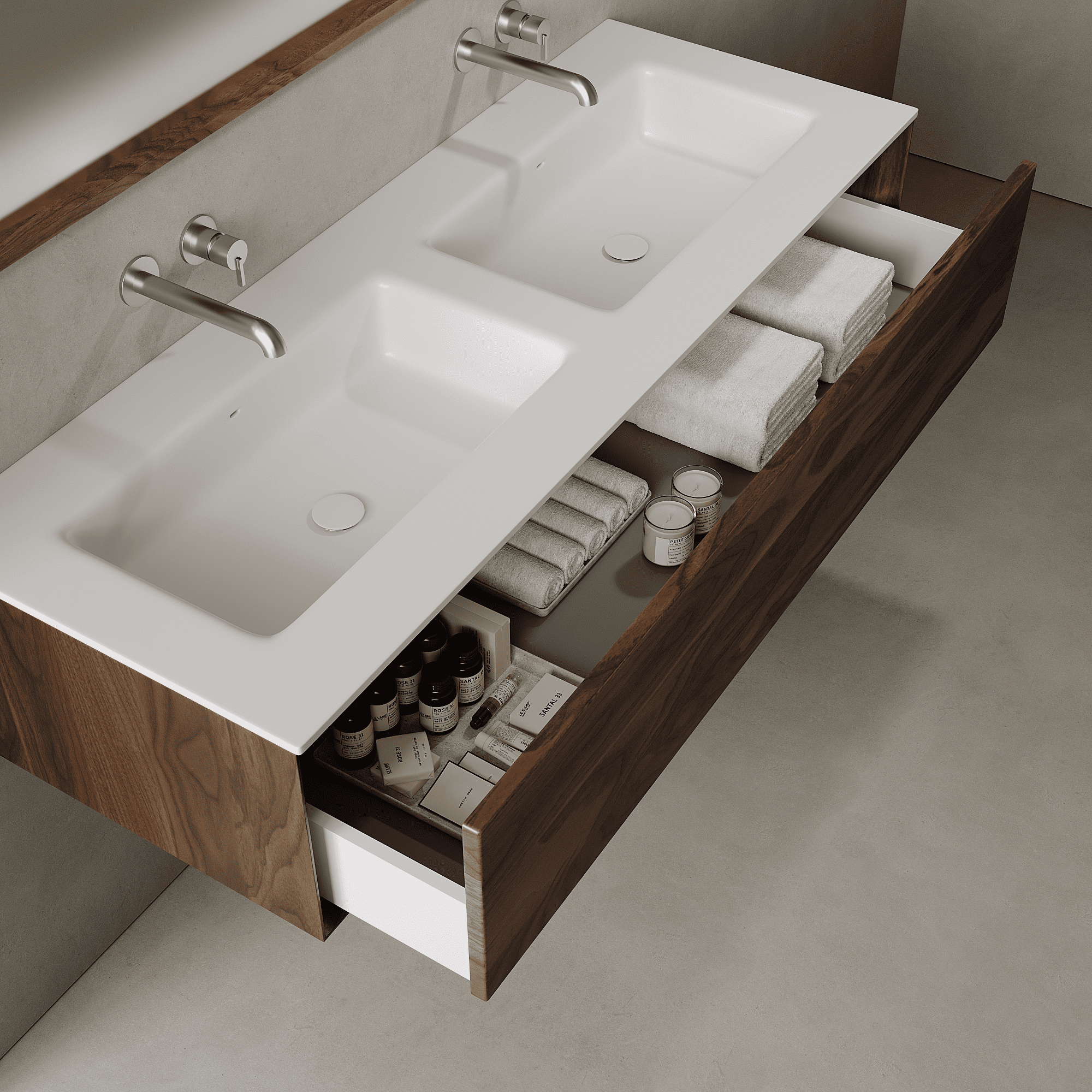 Valmere Real Walnut 1400mm Vanity Unit - Single Drawer with Double Basin