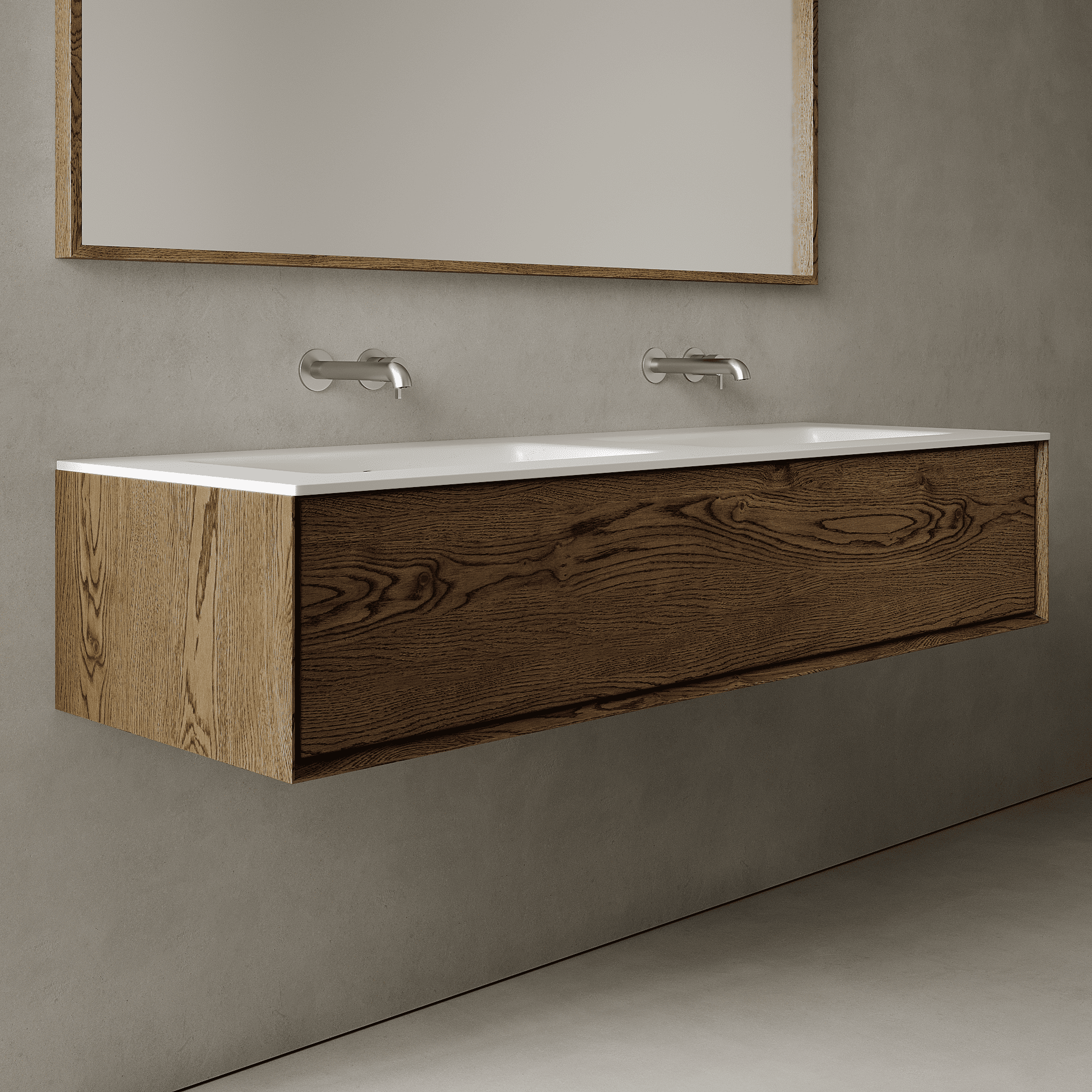 Valmere Smoked Wood 1500mm Vanity Unit - Single Drawer with Double Basin