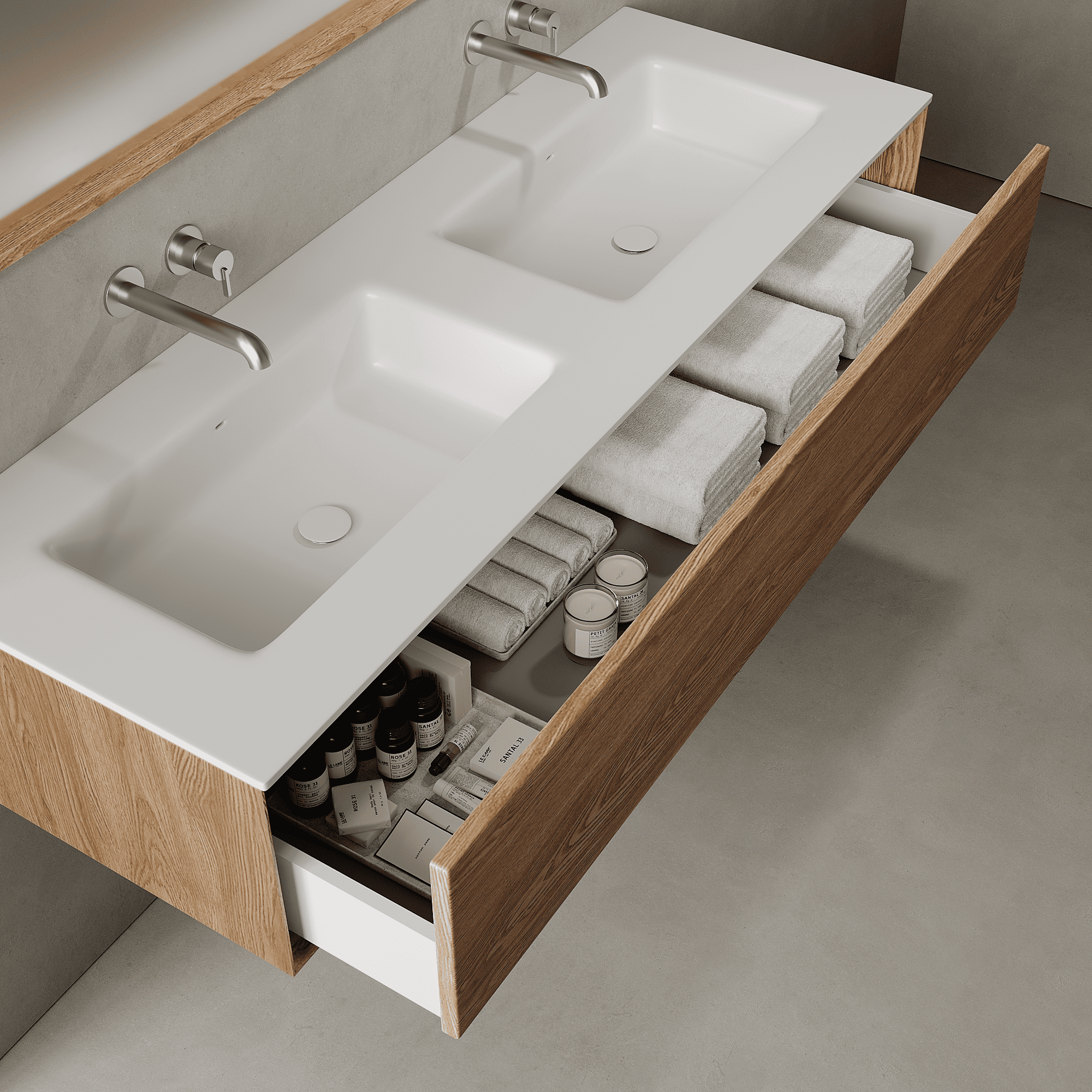 Valmere Honey Wood 1500mm Vanity Unit - Single Drawer with Double Basin