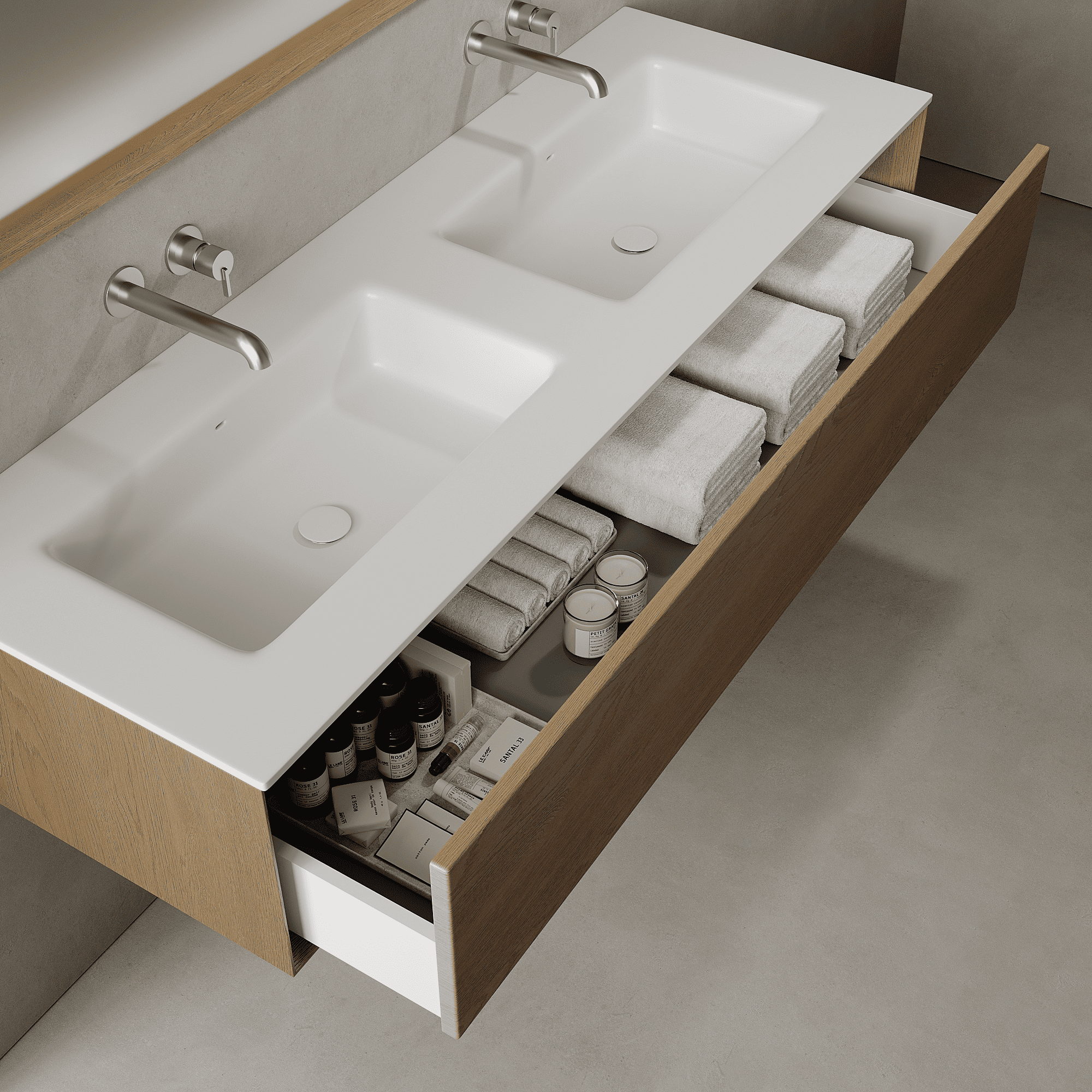 Valmere Real Oak 1500mm Vanity Unit - Single Drawer with Double Basin