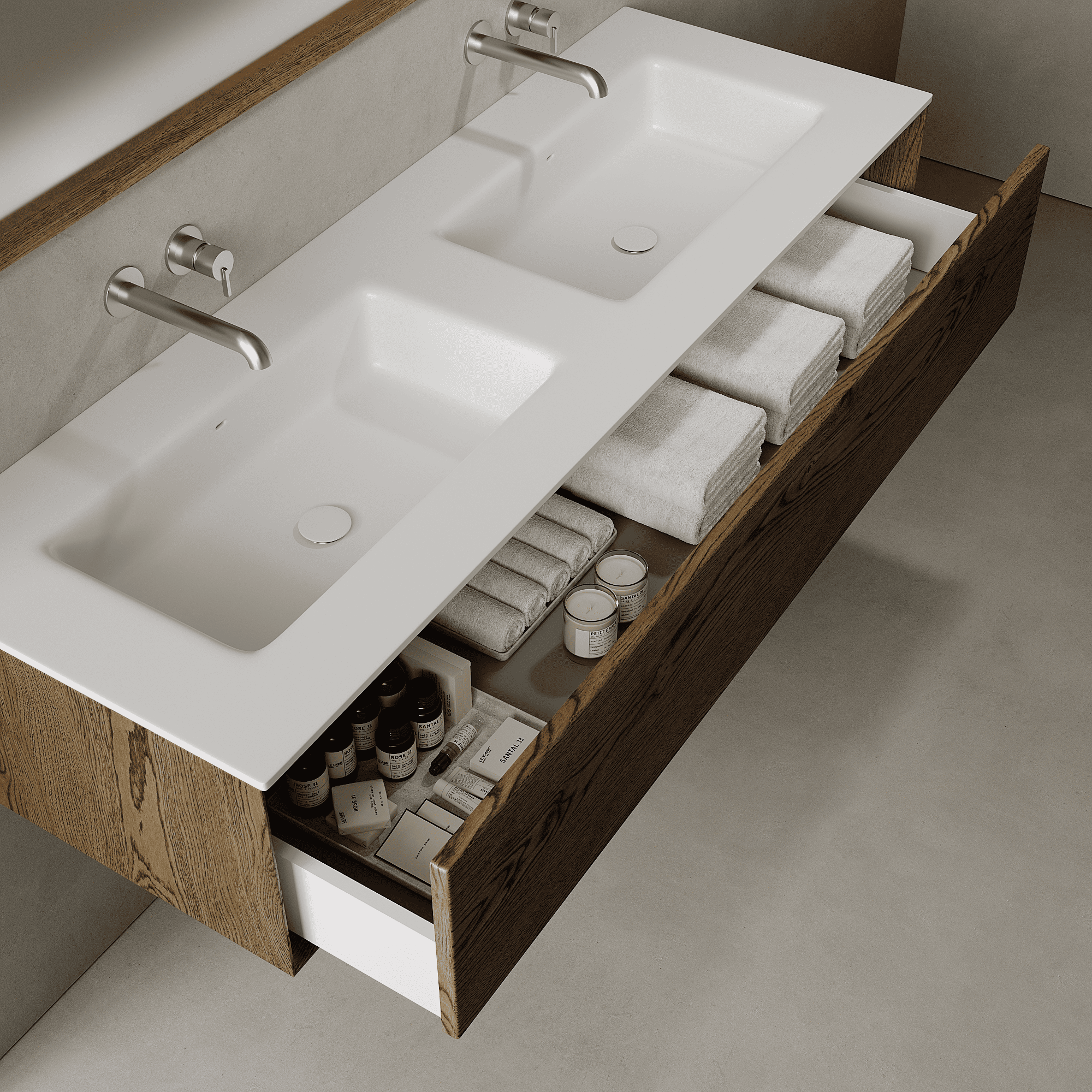 Valmere Smoked Wood 1500mm Vanity Unit - Single Drawer with Double Basin