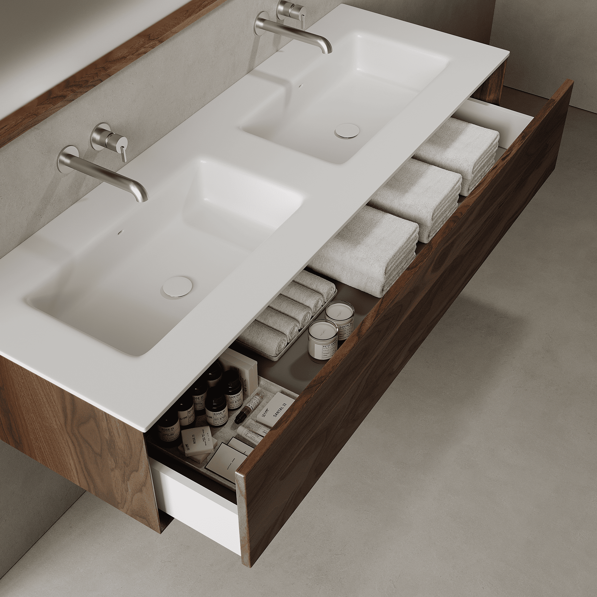 Valmere Real Walnut 1500mm Vanity Unit - Single Drawer with Double Basin