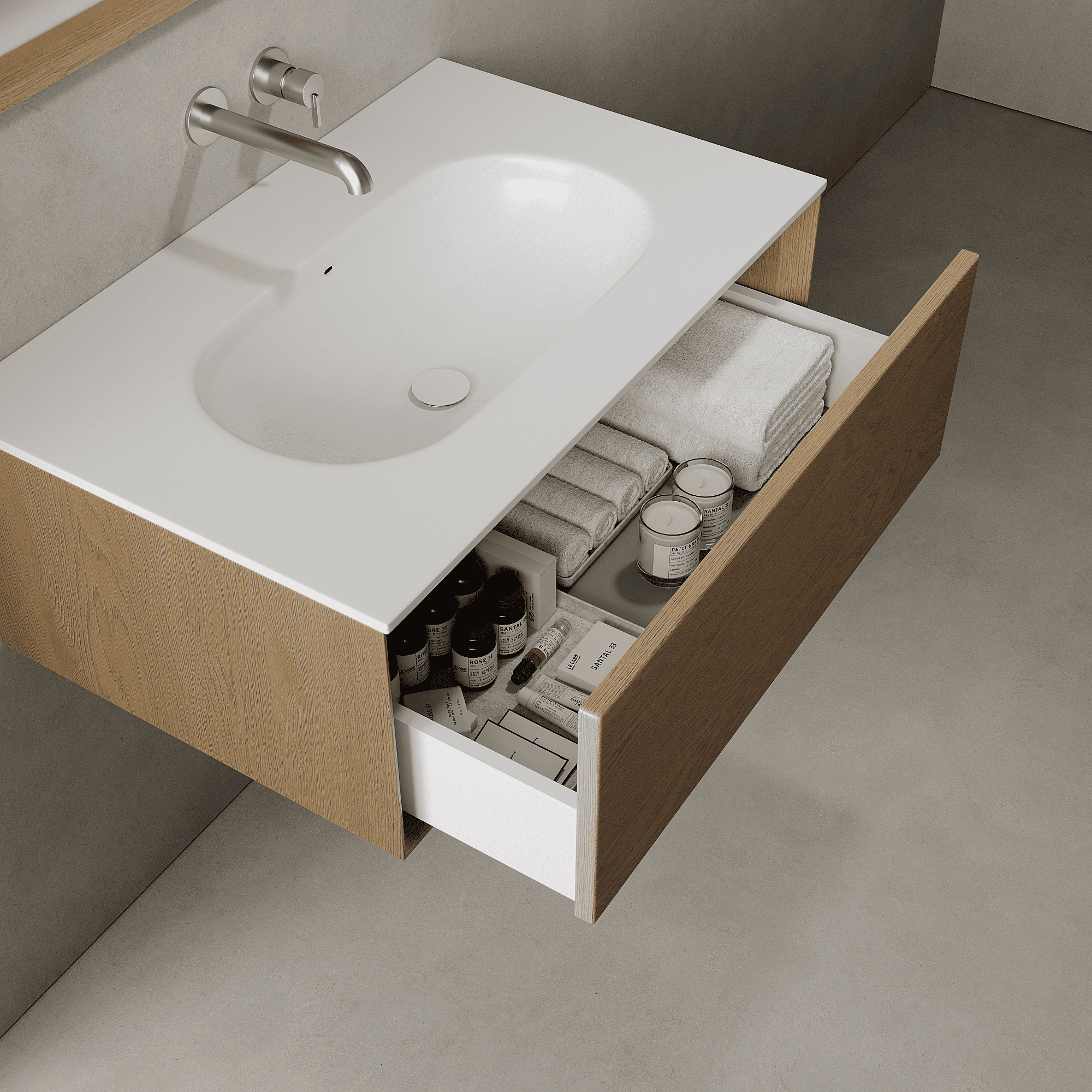 Valmere Real Oak 800mm Vanity Unit - Single Drawer with Single Basin