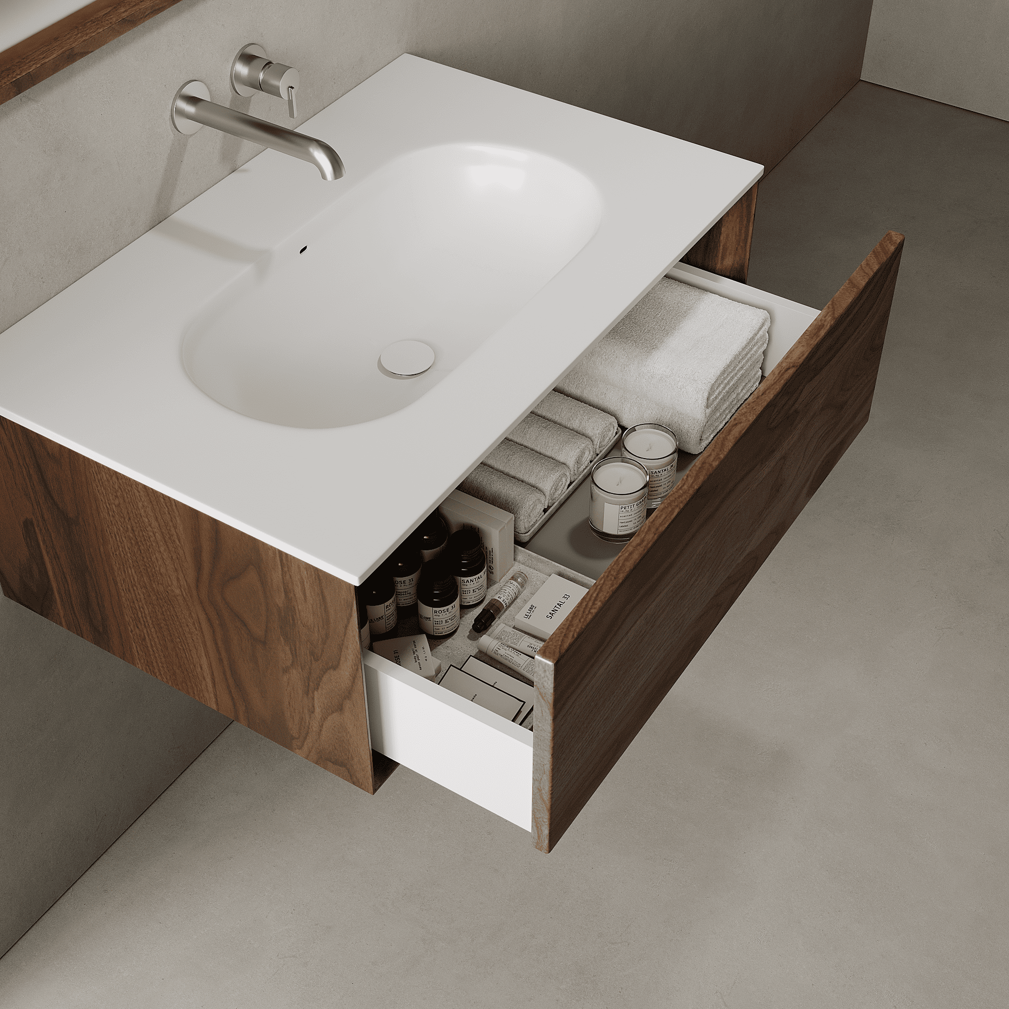Valmere Real Walnut 800mm Vanity Unit - Single Drawer with Single Basin