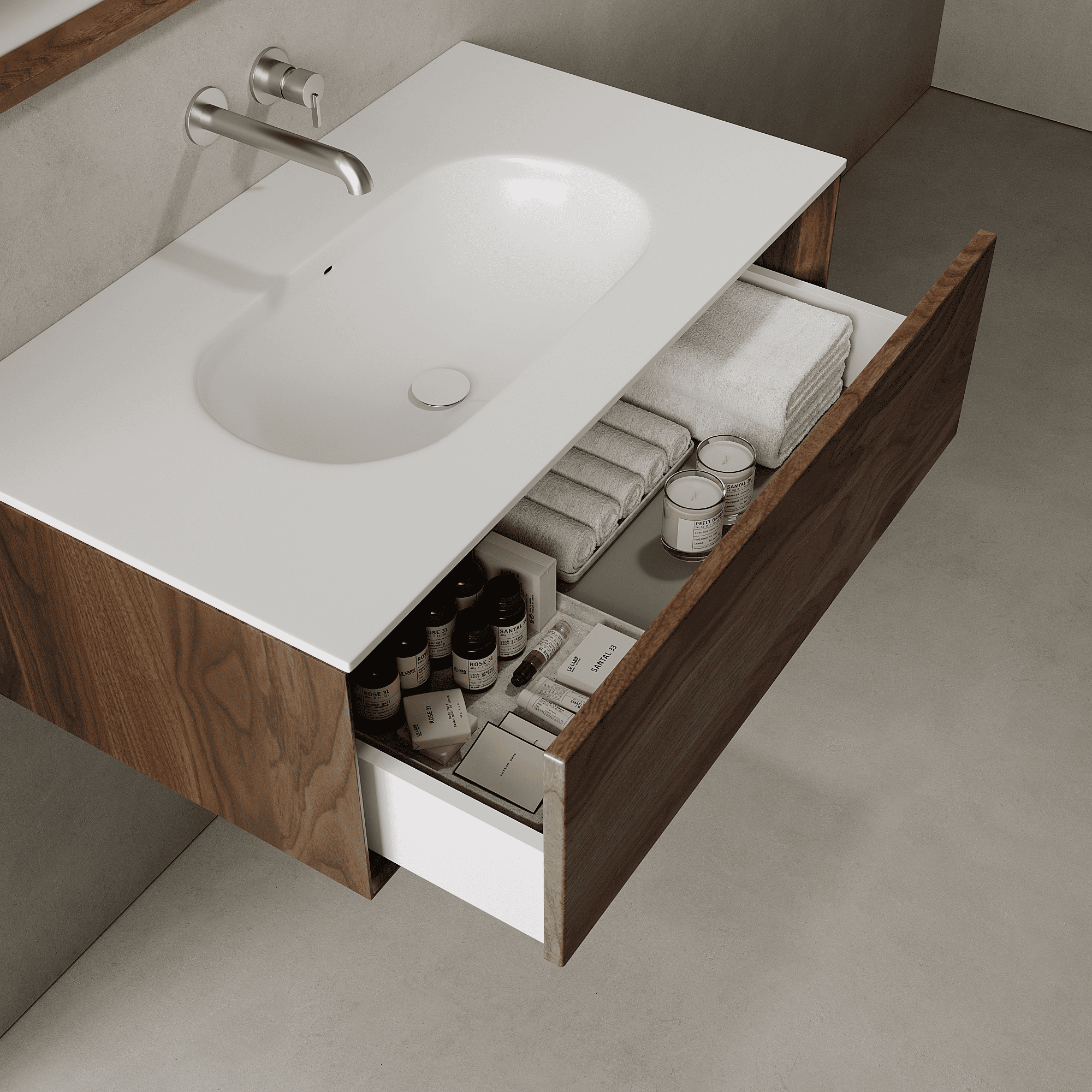 Valmere Real Walnut 900mm Vanity Unit - Single Drawer with Single Basin