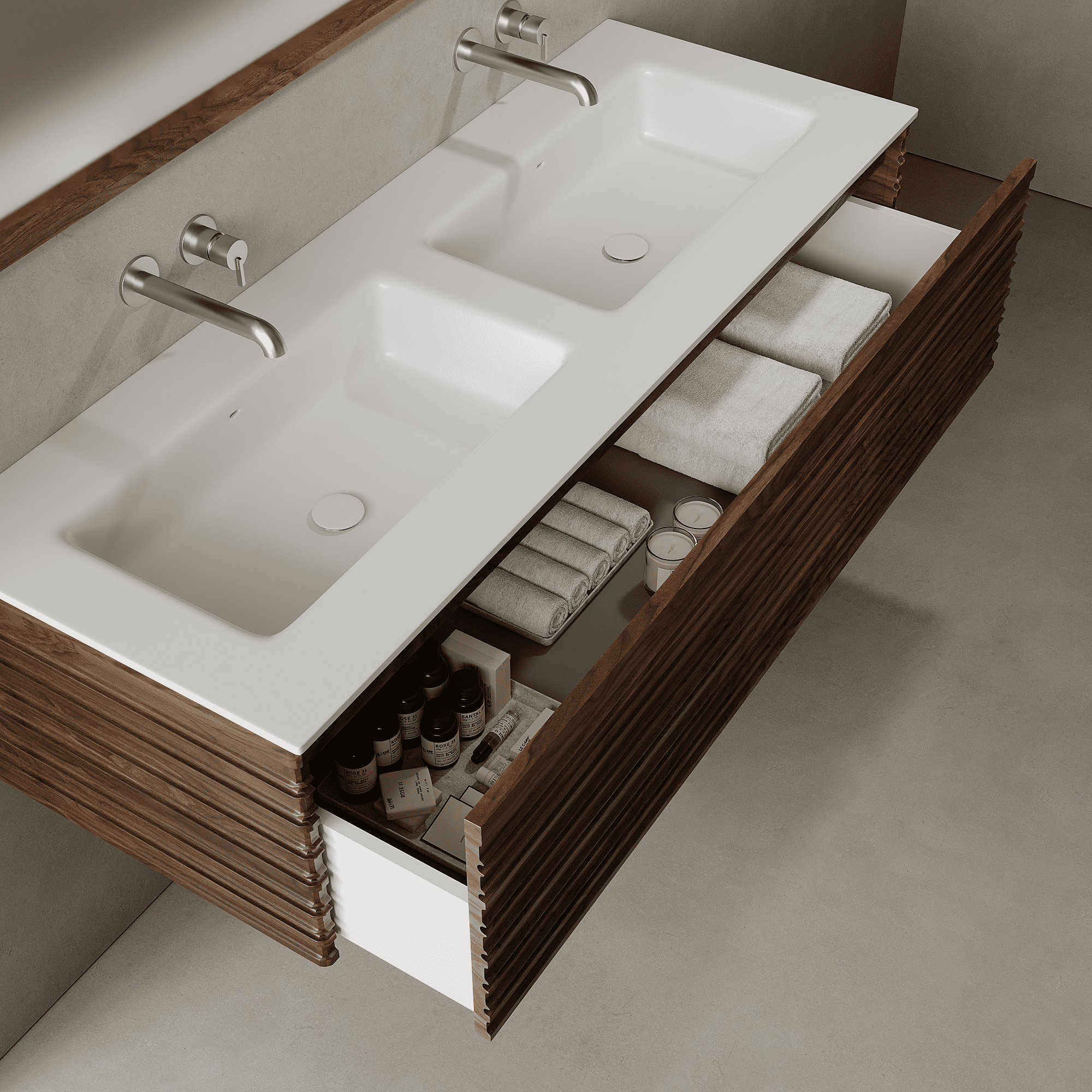 Rivara Real Walnut 1400mm Vanity Unit - Single Drawer with Double Basin