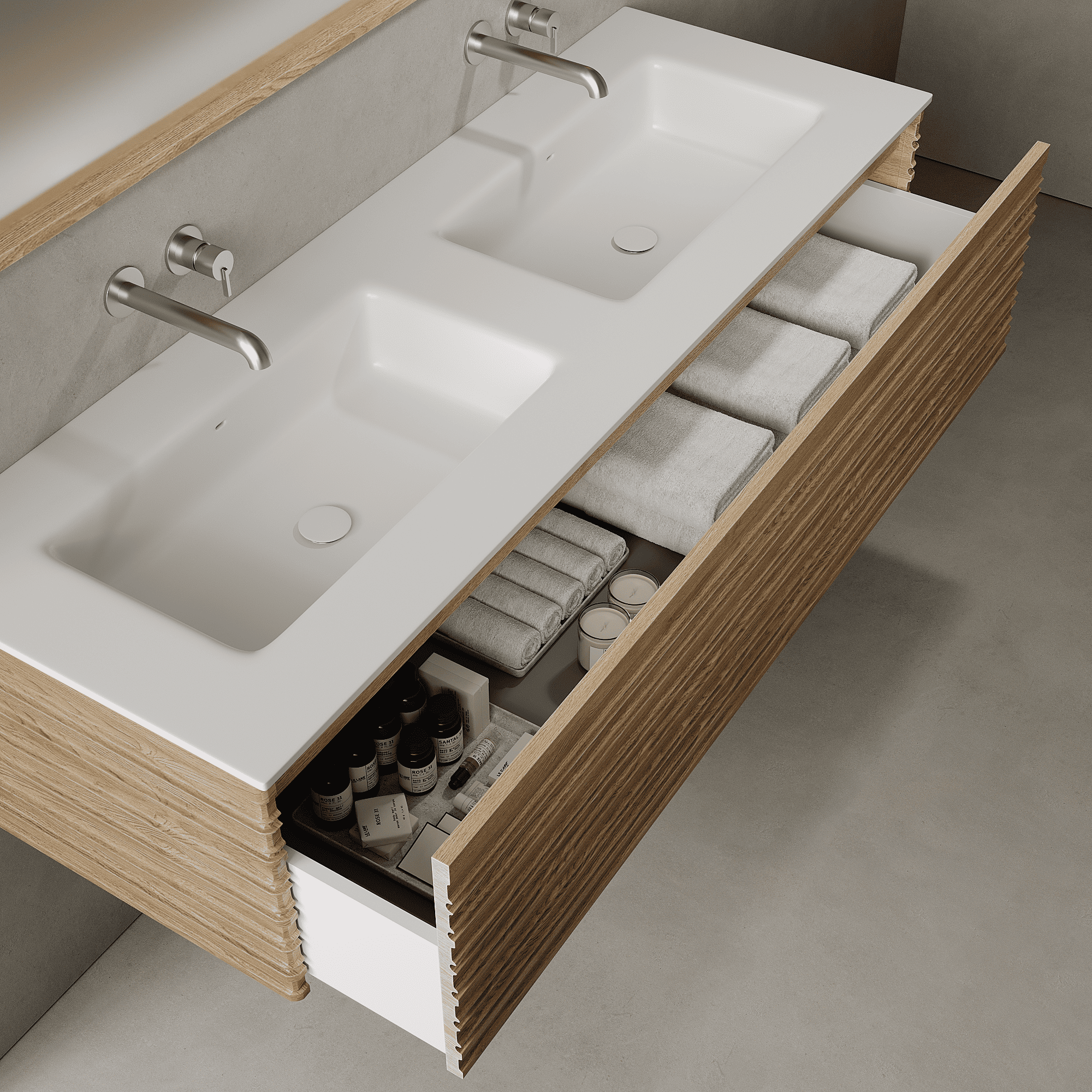 Rivara Real Ash 1500mm Vanity Unit - Single Drawer with Double Basin