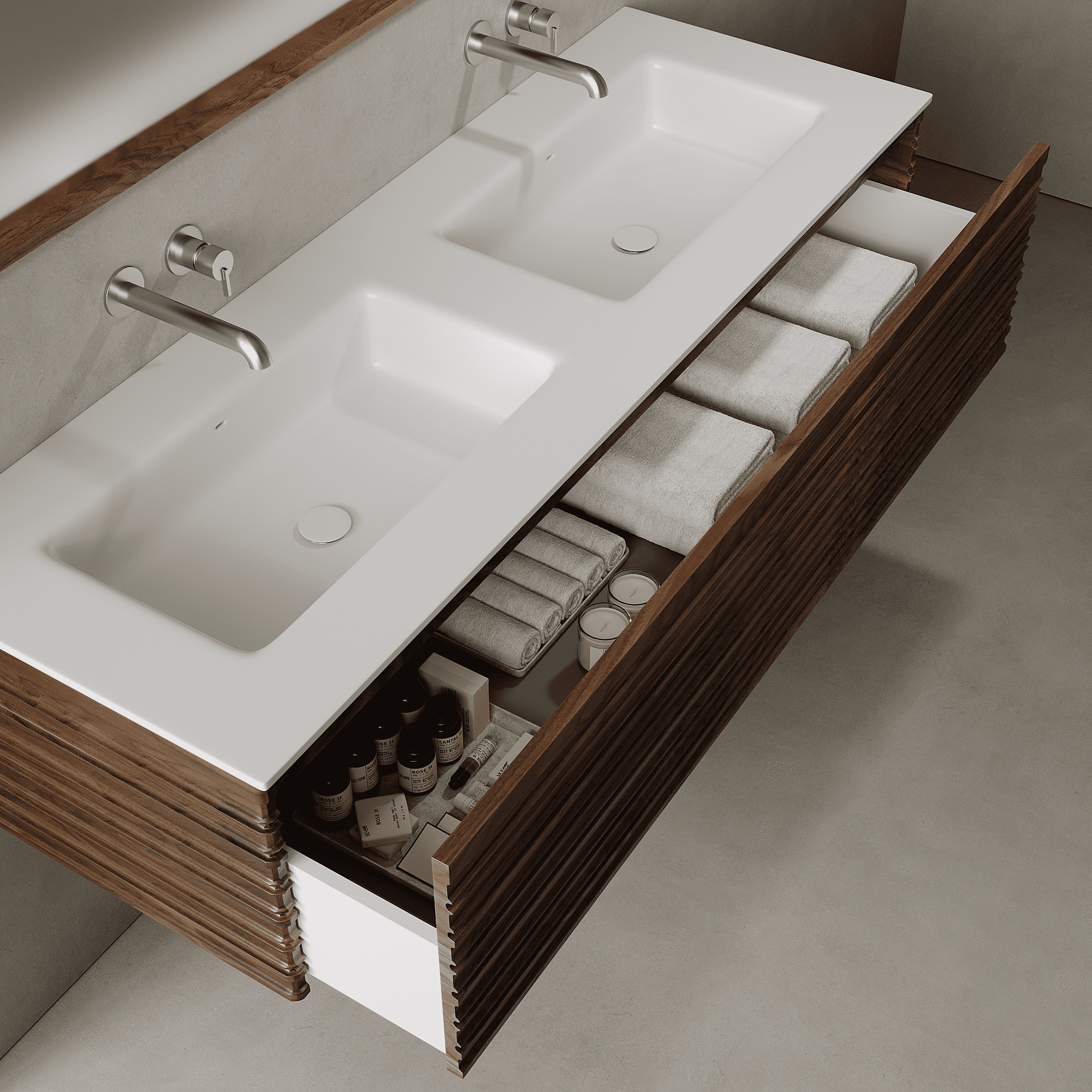 Rivara Real Walnut 1500mm Vanity Unit - Single Drawer with Double Basin