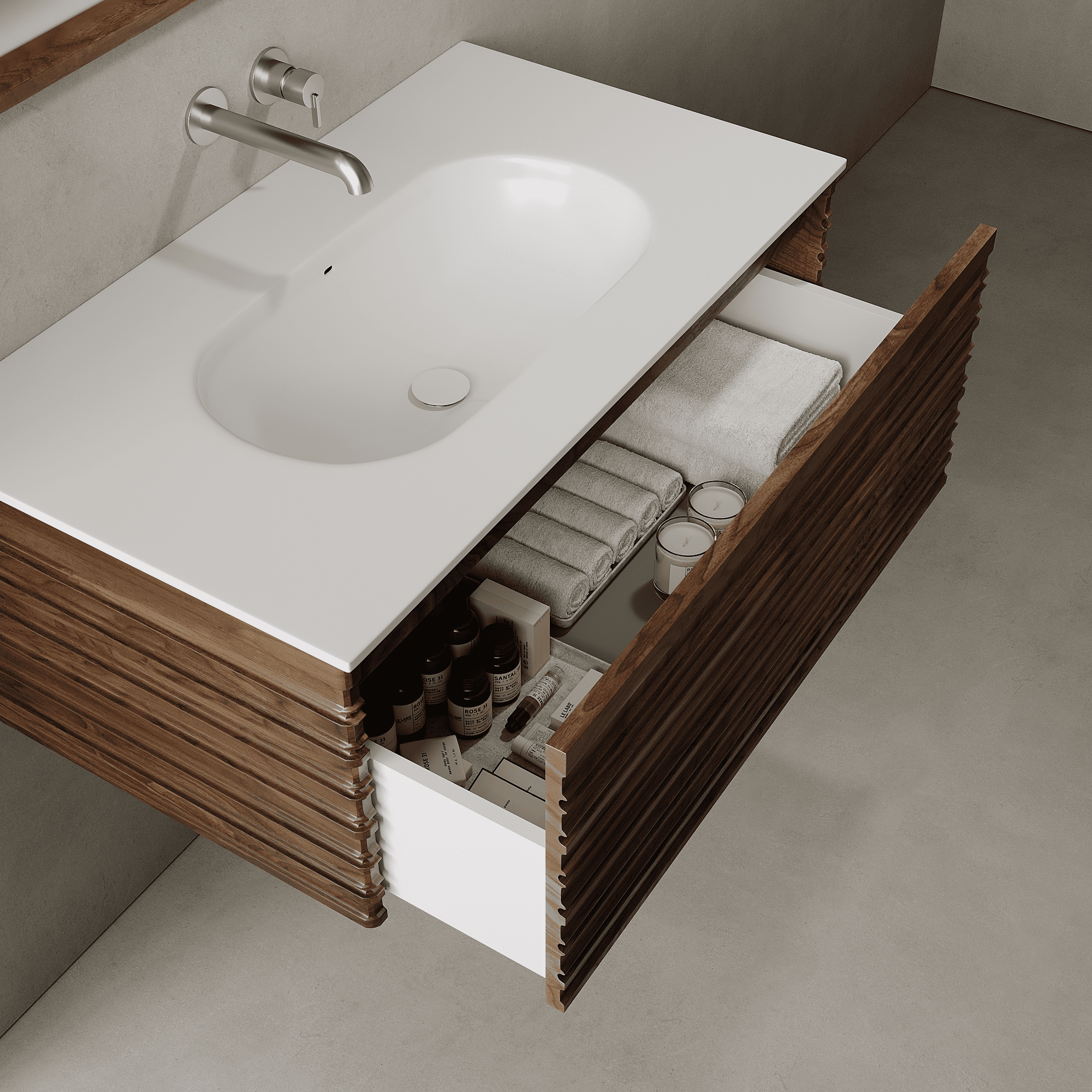 Rivara Real Walnut 900mm Vanity Unit - Single Drawer with Single Basin