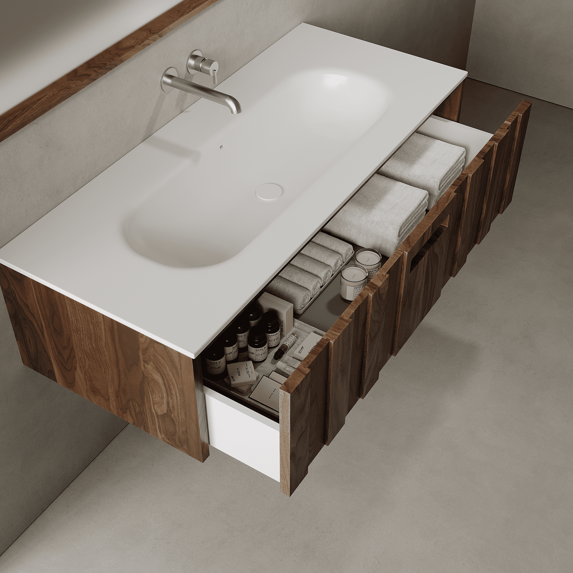 Calvera Real Walnut 1200mm Vanity Unit - Single Drawer with Large Single Basin
