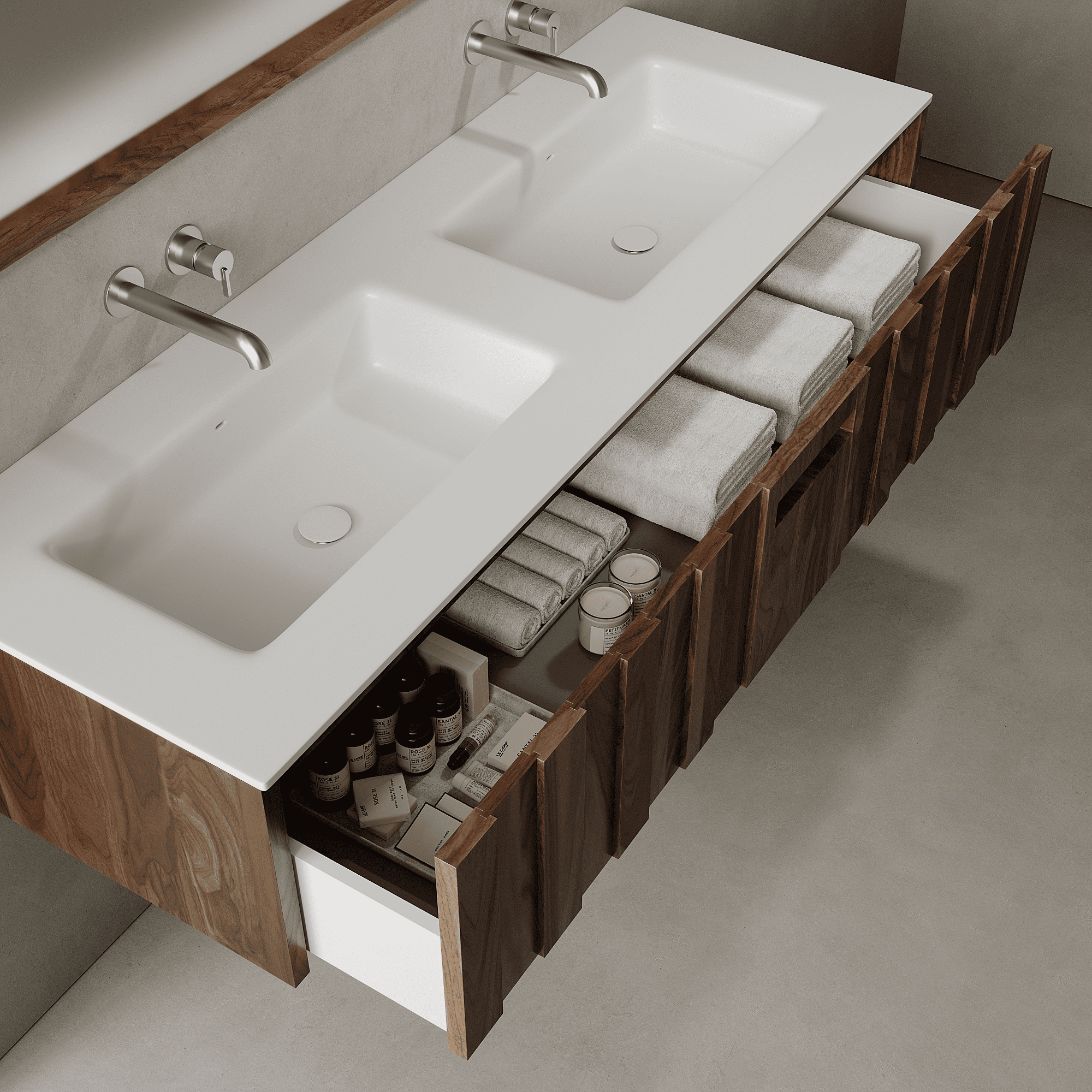 Calvera Real Walnut 1500mm Vanity Unit - Single Drawer with Double Basin