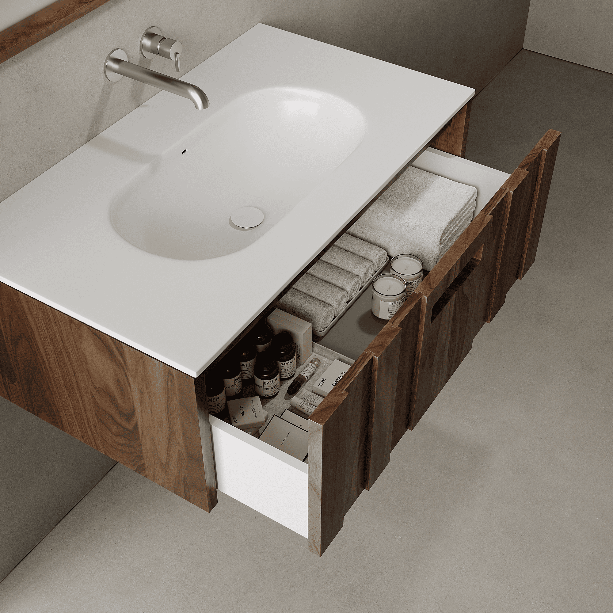 Calvera Real Walnut 900mm Vanity Unit - Single Drawer with Single Basin