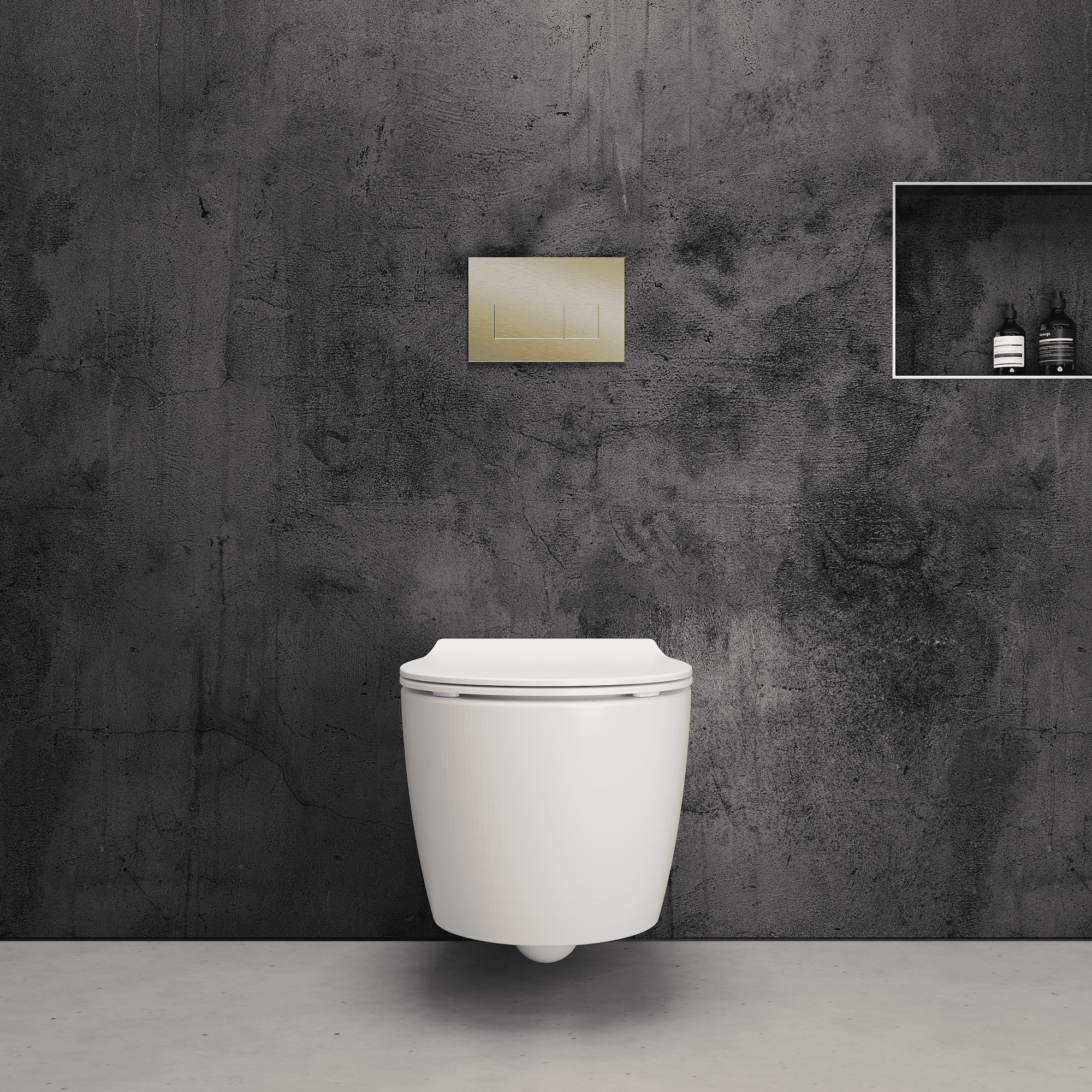 Onia Wall Hung White Toilet Set - with Concealed Frame, Cistern and Brushed Gold Flush Plate