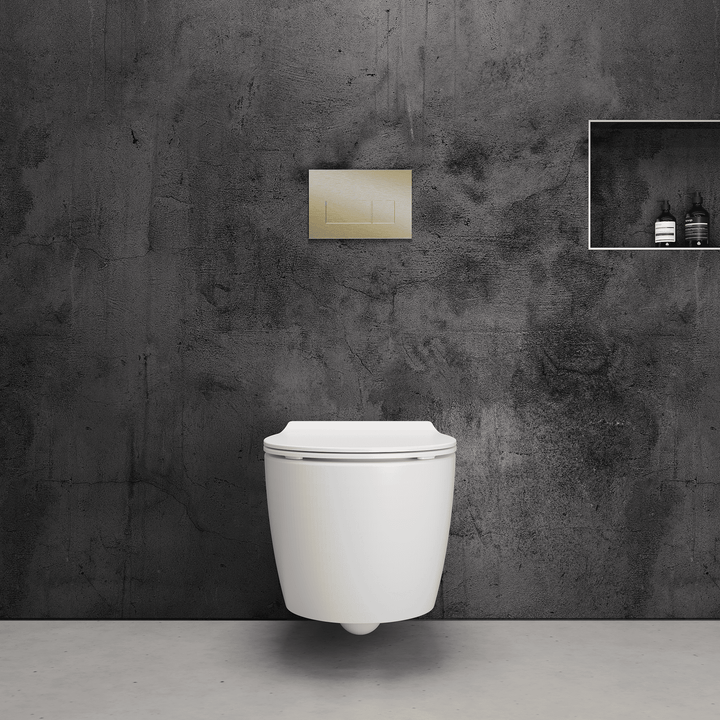 Onia Wall Hung White Toilet Set - with Cistern and Brushed Gold Flush Plate