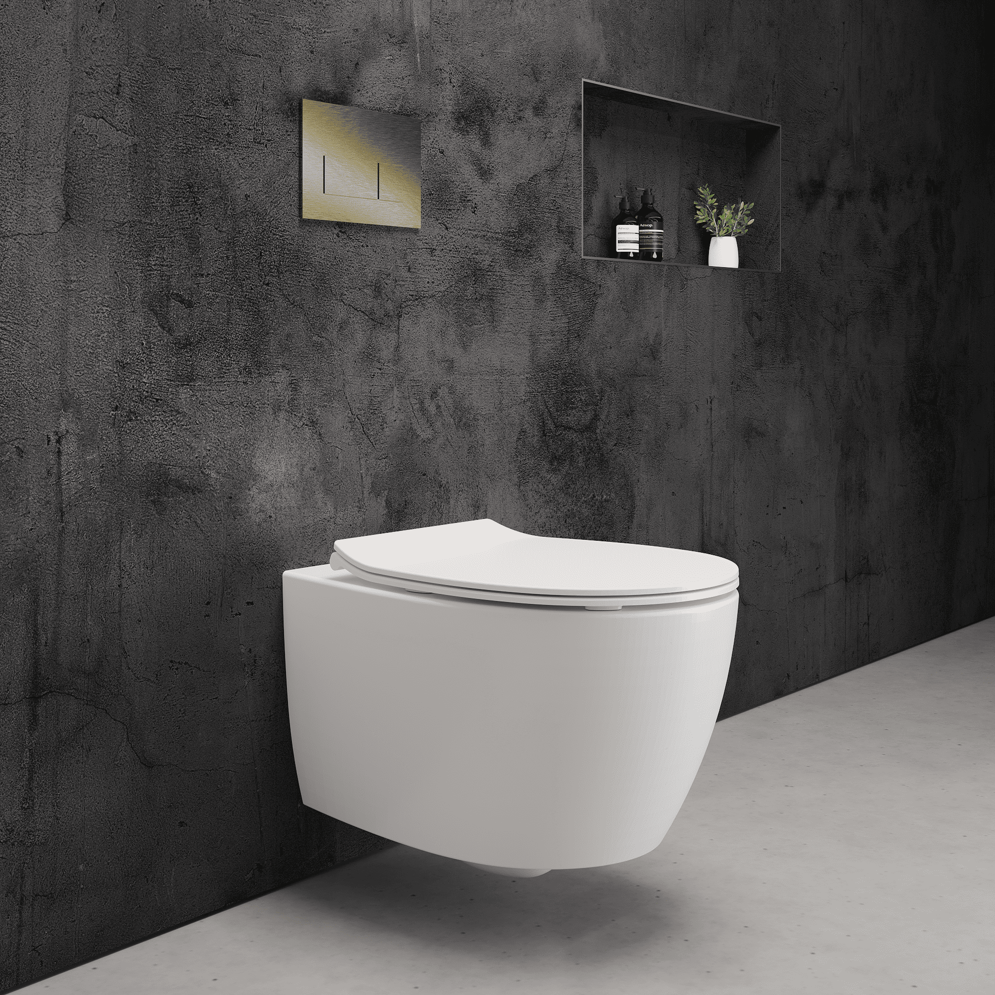 Onia Wall Hung White Toilet Set - with Concealed Frame, Cistern and Brushed Gold Flush Plate