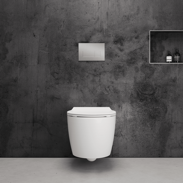 Onia Wall Hung White Toilet Set - with Cistern and Brushed Steel Flush Plate