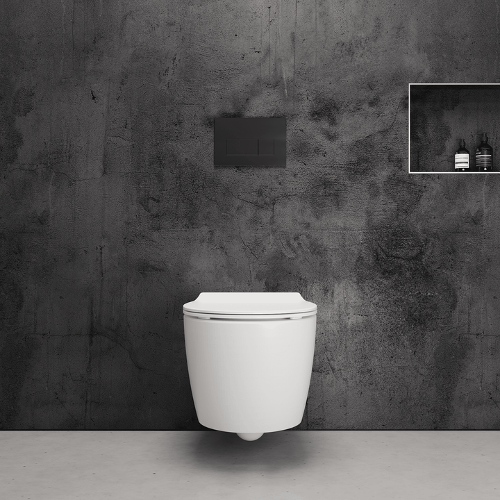 Onia Wall Hung White Toilet Set - with Cistern and Black Flush Plate