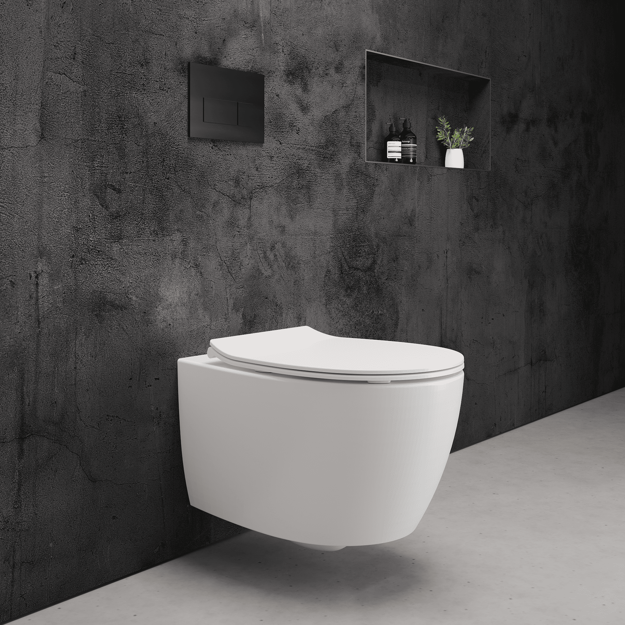 Onia Wall Hung White Toilet Set - with Concealed Frame, Cistern and Black Flush Plate