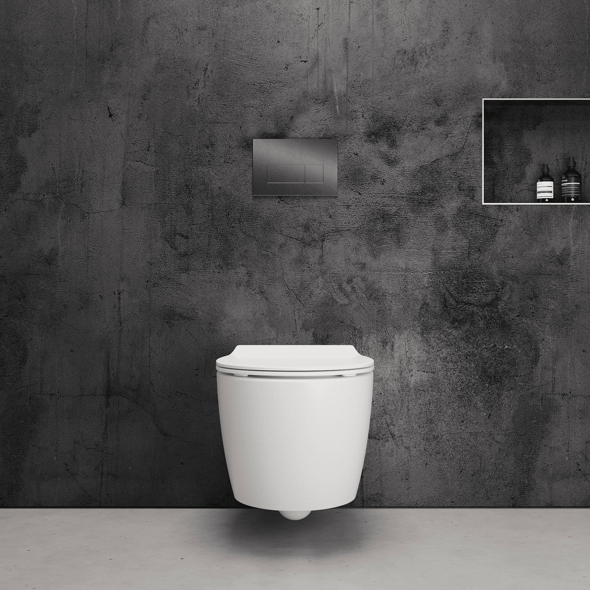 Onia Wall Hung White Toilet Set - with Concealed Frame, Cistern and Titanium Flush Plate