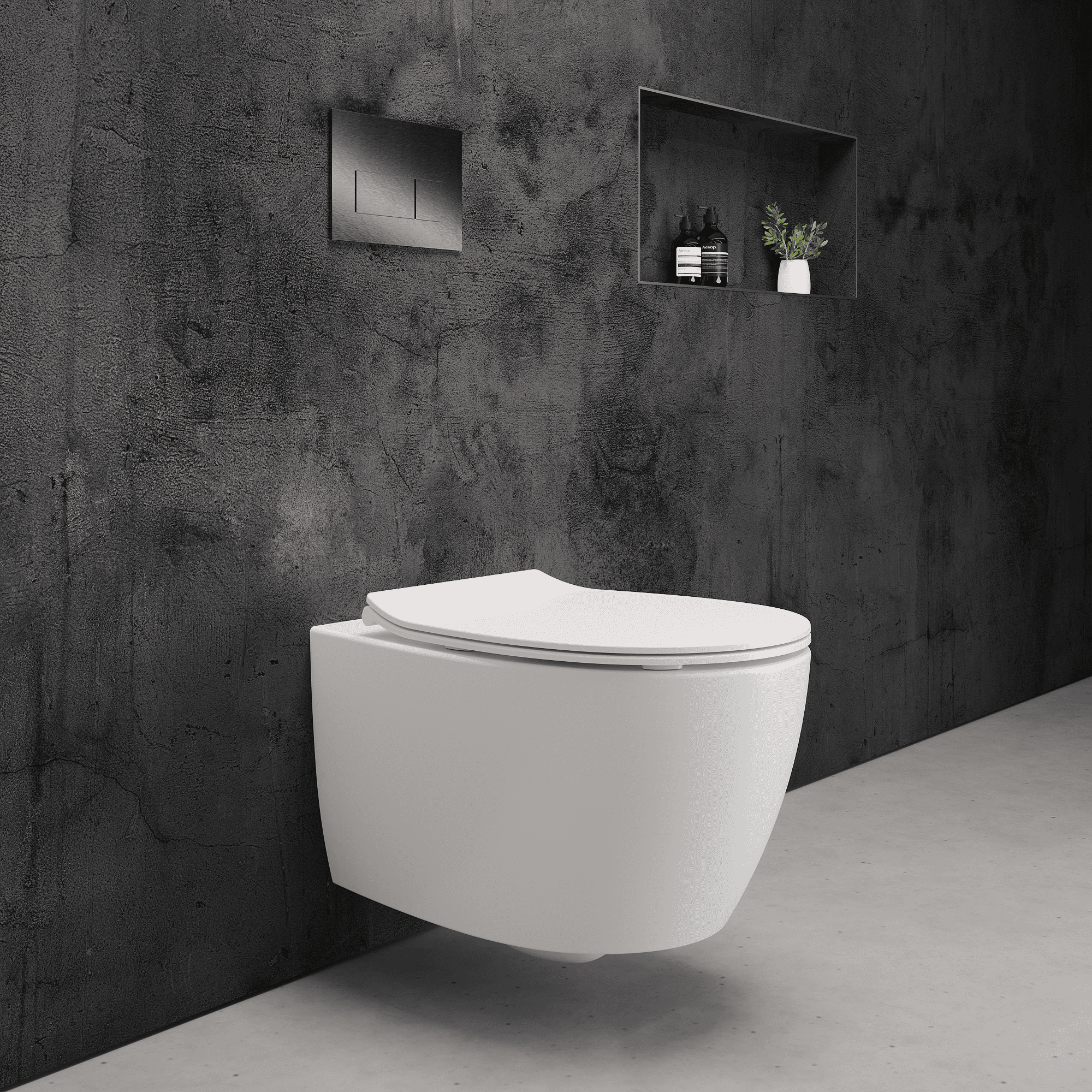 Onia Wall Hung White Toilet Set - with Concealed Frame, Cistern and Titanium Flush Plate