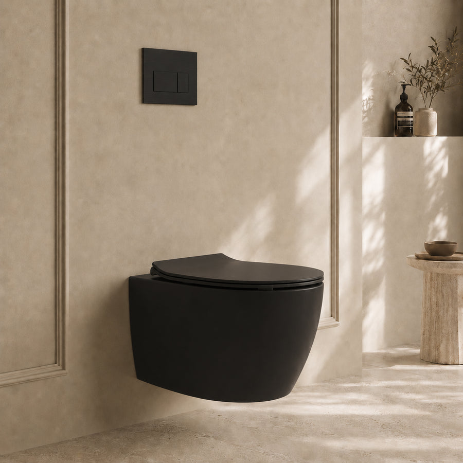 Onia Wall Hung Black Toilet Set - with Concealed Frame, Cistern and Black Flush Plate