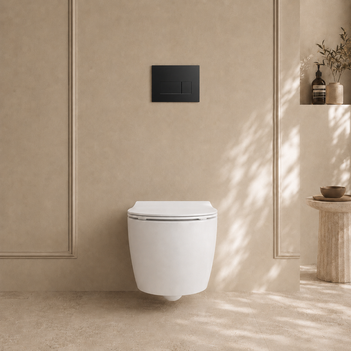 Onia Wall Hung White Toilet Set - with Concealed Frame, Cistern and Black Flush Plate
