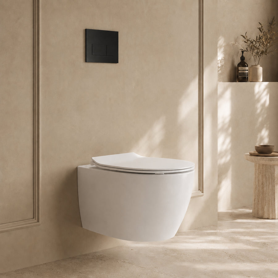 Onia Wall Hung White Toilet Set - with Concealed Frame, Cistern and Black Flush Plate