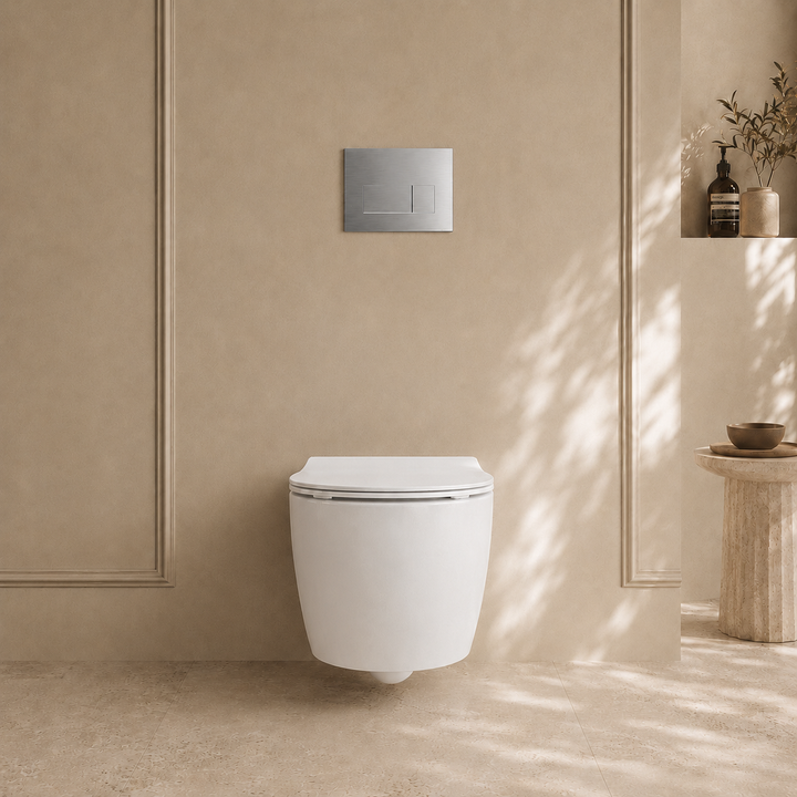 Onia Wall Hung White Toilet Set - with Concealed Frame, Cistern and Brushed Steel Flush Plate